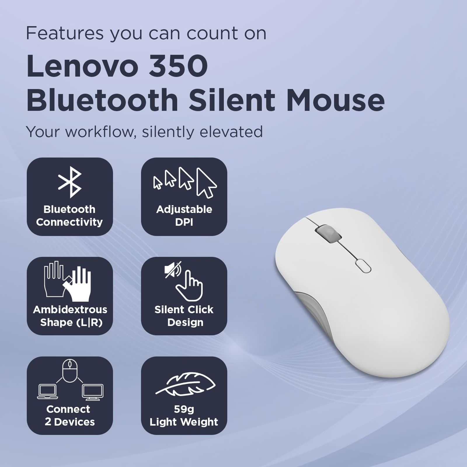 Lenovo 350 Silent Bluetooth 5.3 Wireless Optical Performance Mouse with Customizable Buttons (2400 DPI Adjustable, Full-size Ambidextrous Ergonomic, Cloud Grey)_6