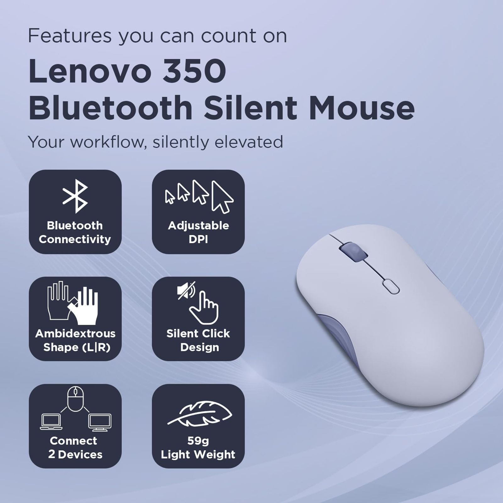 Lenovo 350 Silent Bluetooth 5.3 Wireless Optical Performance Mouse with Customizable Buttons (2400 DPI Adjustable, Full-size Ambidextrous Ergonomic, Meta Grape)_7