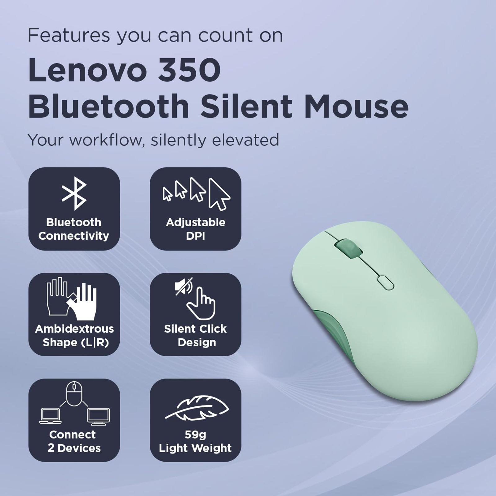 Lenovo 350 Silent Bluetooth 5.3 Wireless Optical Performance Mouse with Customizable Buttons (2400 DPI Adjustable, Full-size Ambidextrous Ergonomic, Breeze Moss)_8