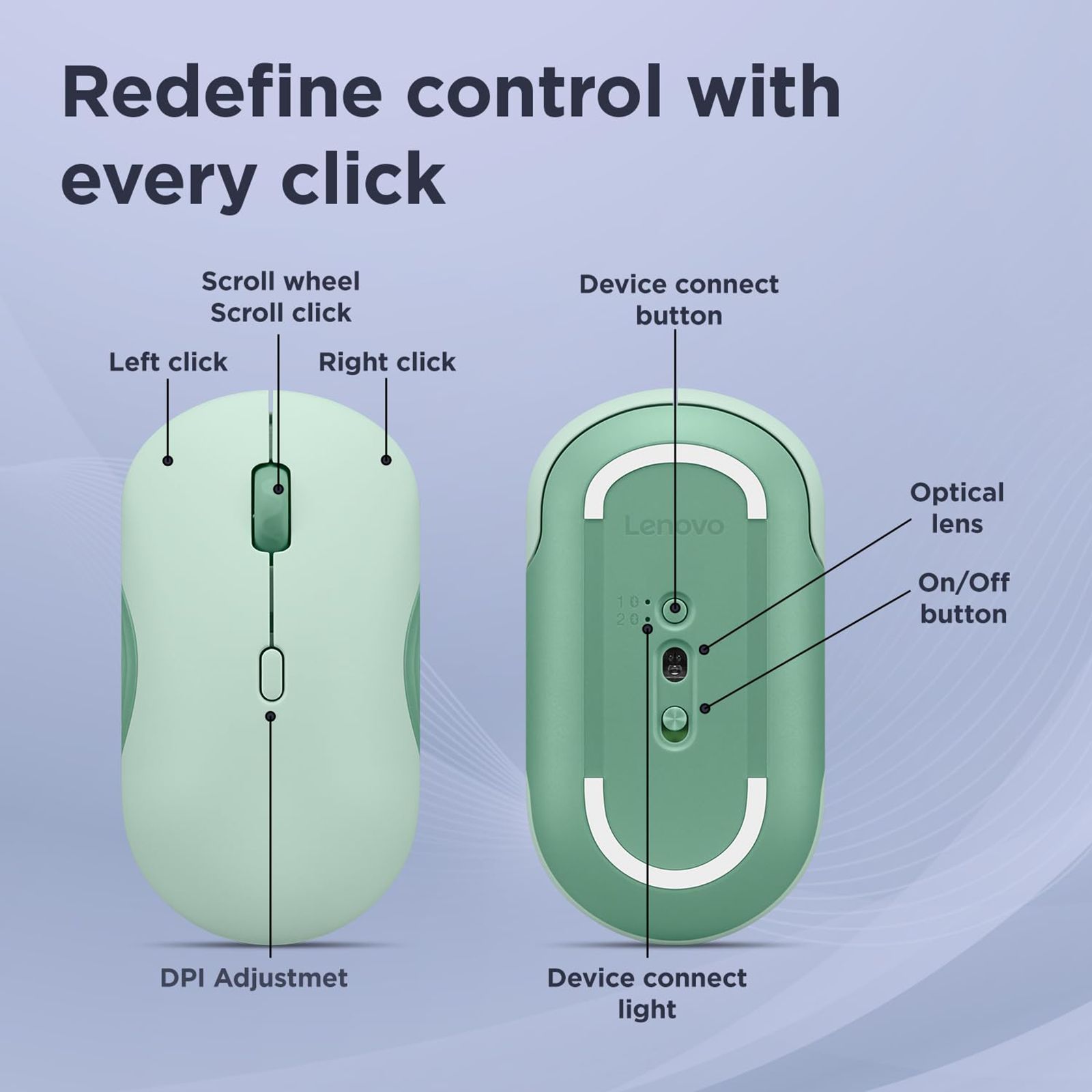 Lenovo 350 Silent Bluetooth 5.3 Wireless Optical Performance Mouse with Customizable Buttons (2400 DPI Adjustable, Full-size Ambidextrous Ergonomic, Breeze Moss)_9
