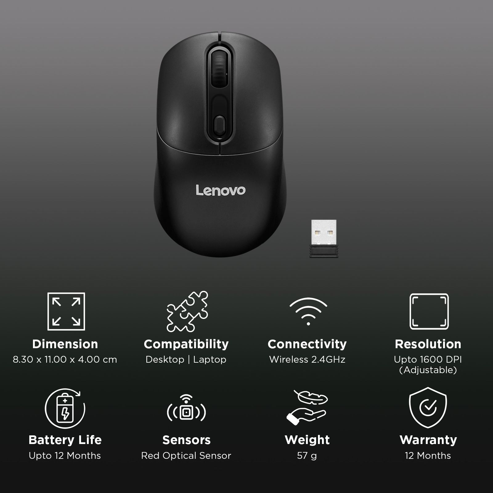 Lenovo 210 USB A 2.4GHz Wireless Optical Mouse (1600 DPI Adjustable, Ambidextrous Design, Black)_2
