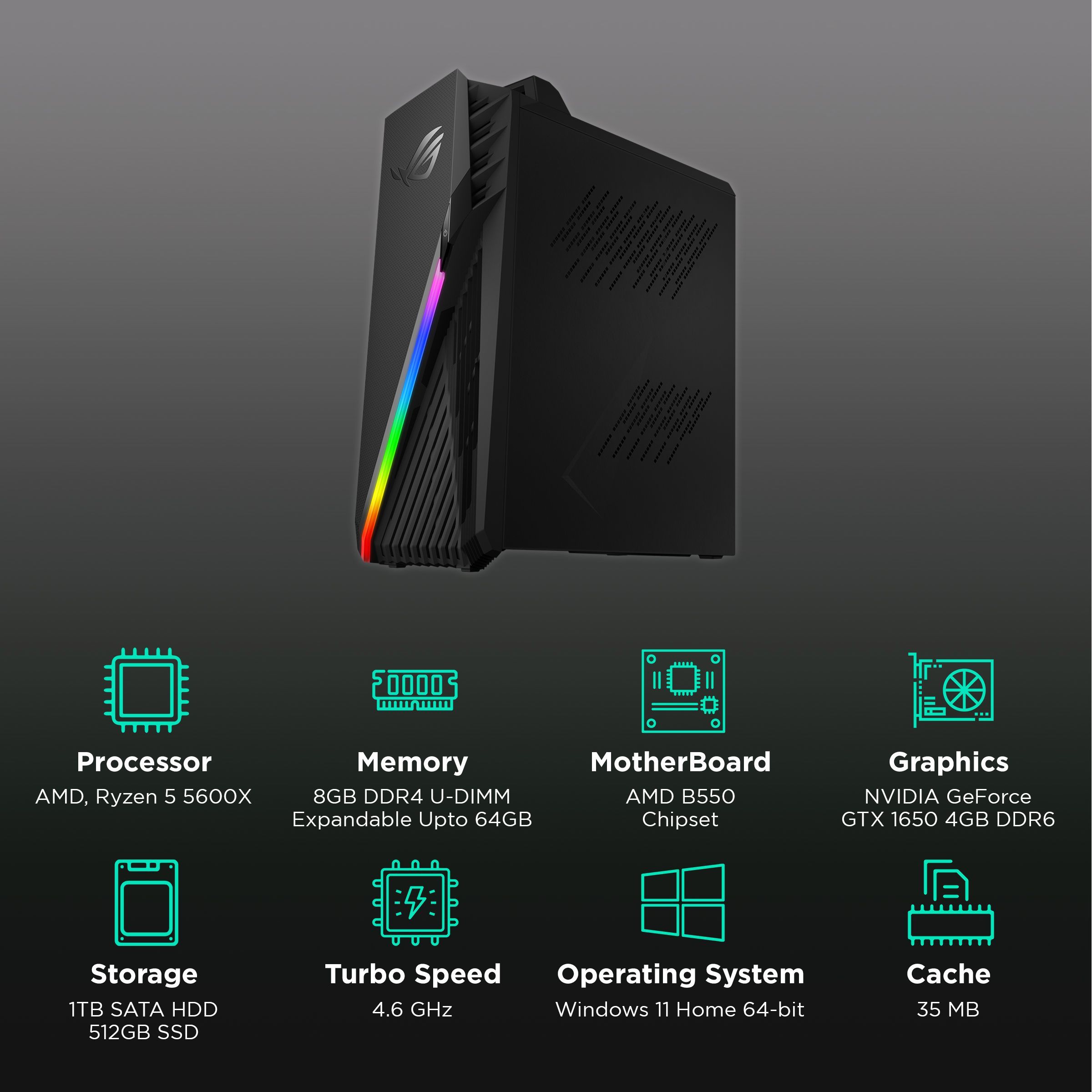 ASUS ROG Strix Ryzen 5 Tower PC (8GB, 1TB HDD, 512GB SSD, NVIDIA GeForce GTX1650, Windows 11 Home, Black)_3