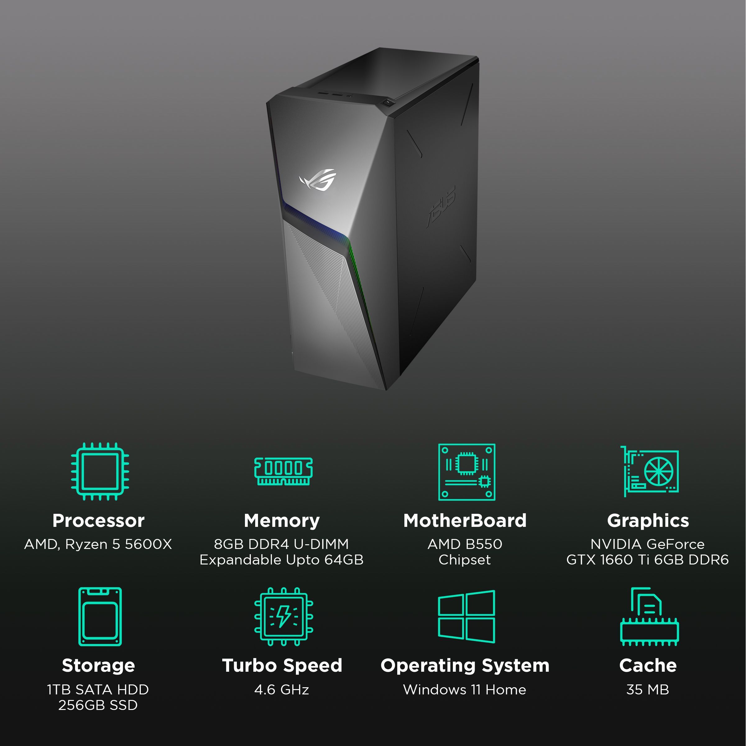 ASUS ROG Strix Ryzen 5 Tower PC (8GB, 1TB HDD, 256GB SSD, NVIDIA GeForce GTX1660TI, Windows 11 Home, Gray)_3