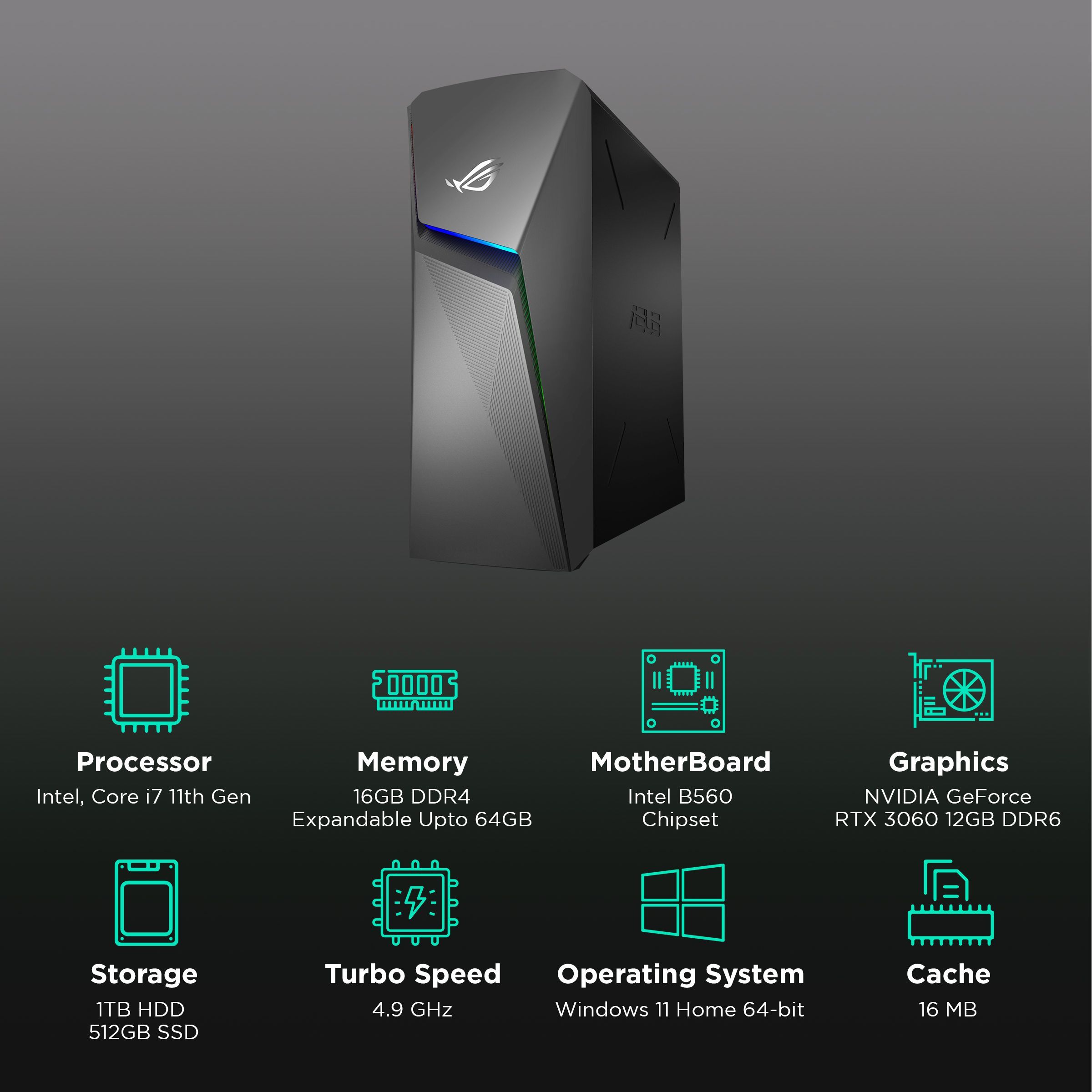 ASUS ROG Strix Core i7 Tower PC (16GB, 1TB HDD, 512GB SSD, NVIDIA GeForce RTX3060, Windows 11 Home, Gray)_3