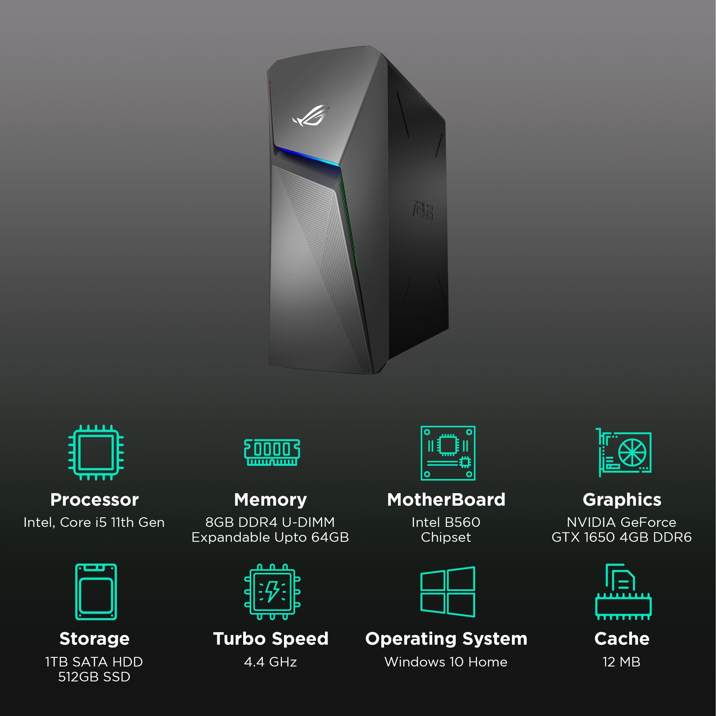 ASUS ROG Strix Core i5 Tower PC (8GB, 1TB HDD, 512GB SSD, NVIDIA GeForce GTX1650, Windows 10 Home, Gray)_3