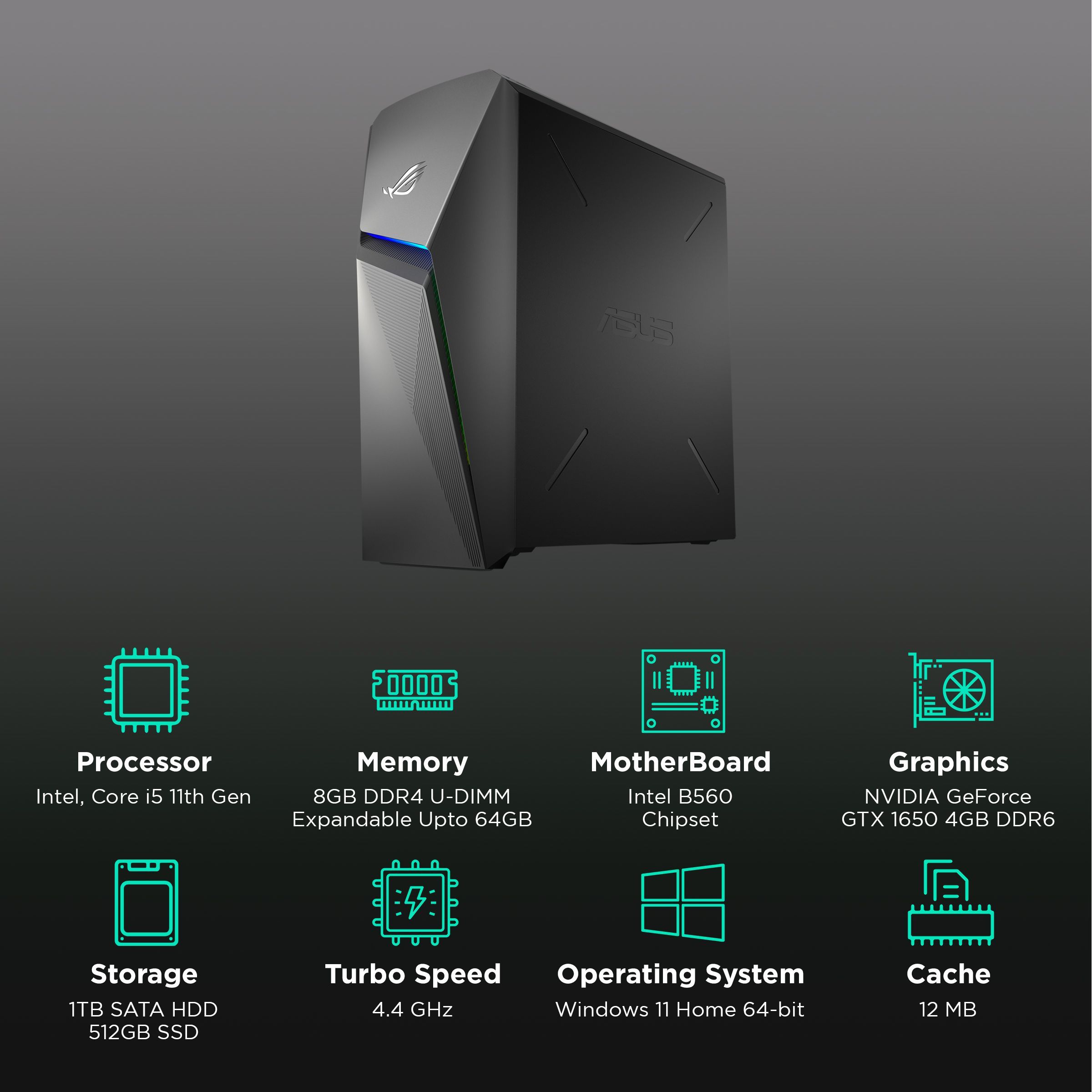 ASUS ROG Strix Core i5 11th Gen Tower PC (8GB, 1TB HDD, 512GB SSD, NVIDIA GeForce GTX1650, Windows 11 Home, Grey)_3