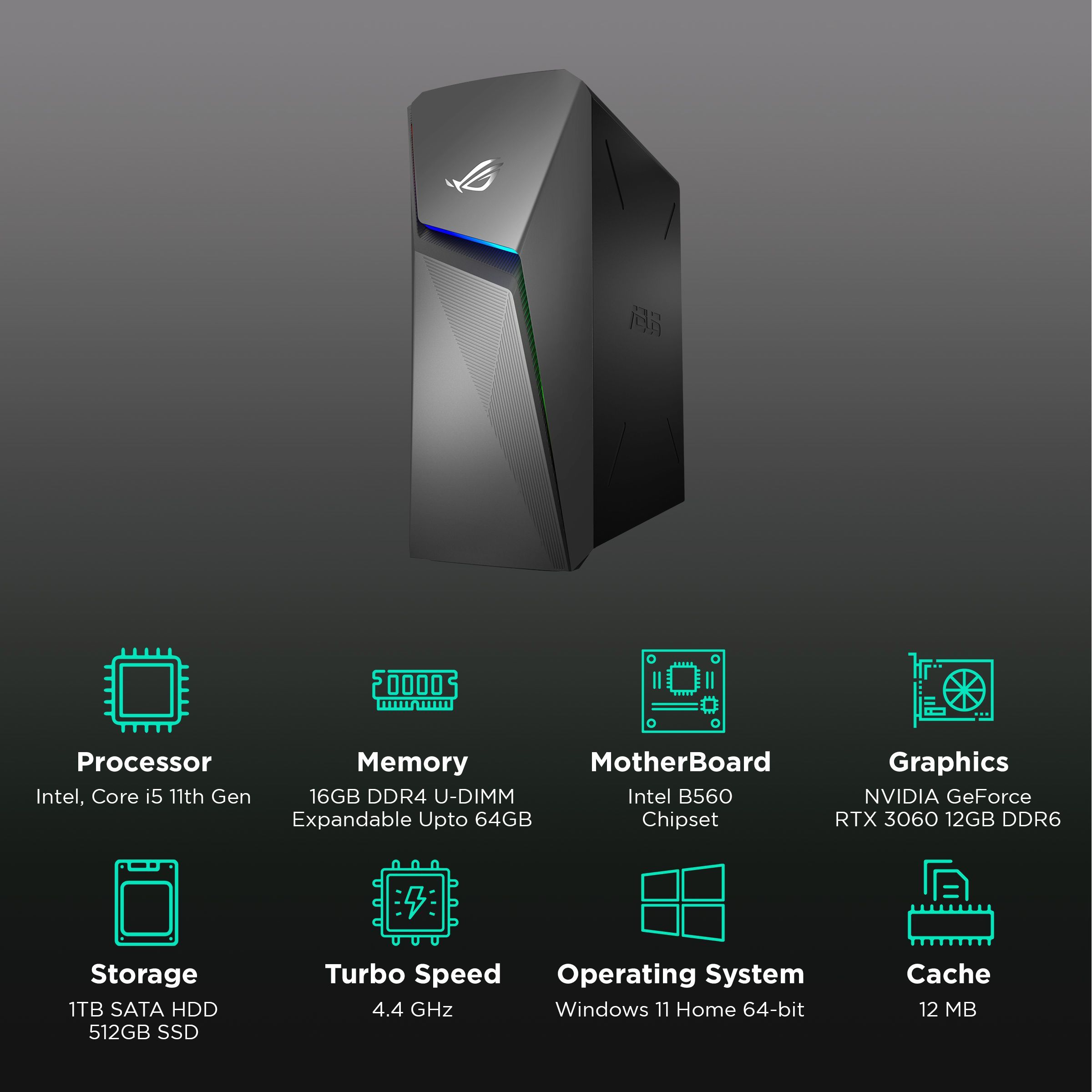 ASUS ROG Strix Core i5 Tower PC (16GB, 1TB HDD, 512GB SSD, NVIDIA GeForce RTX3060, Windows 11 Home, Gray)_3