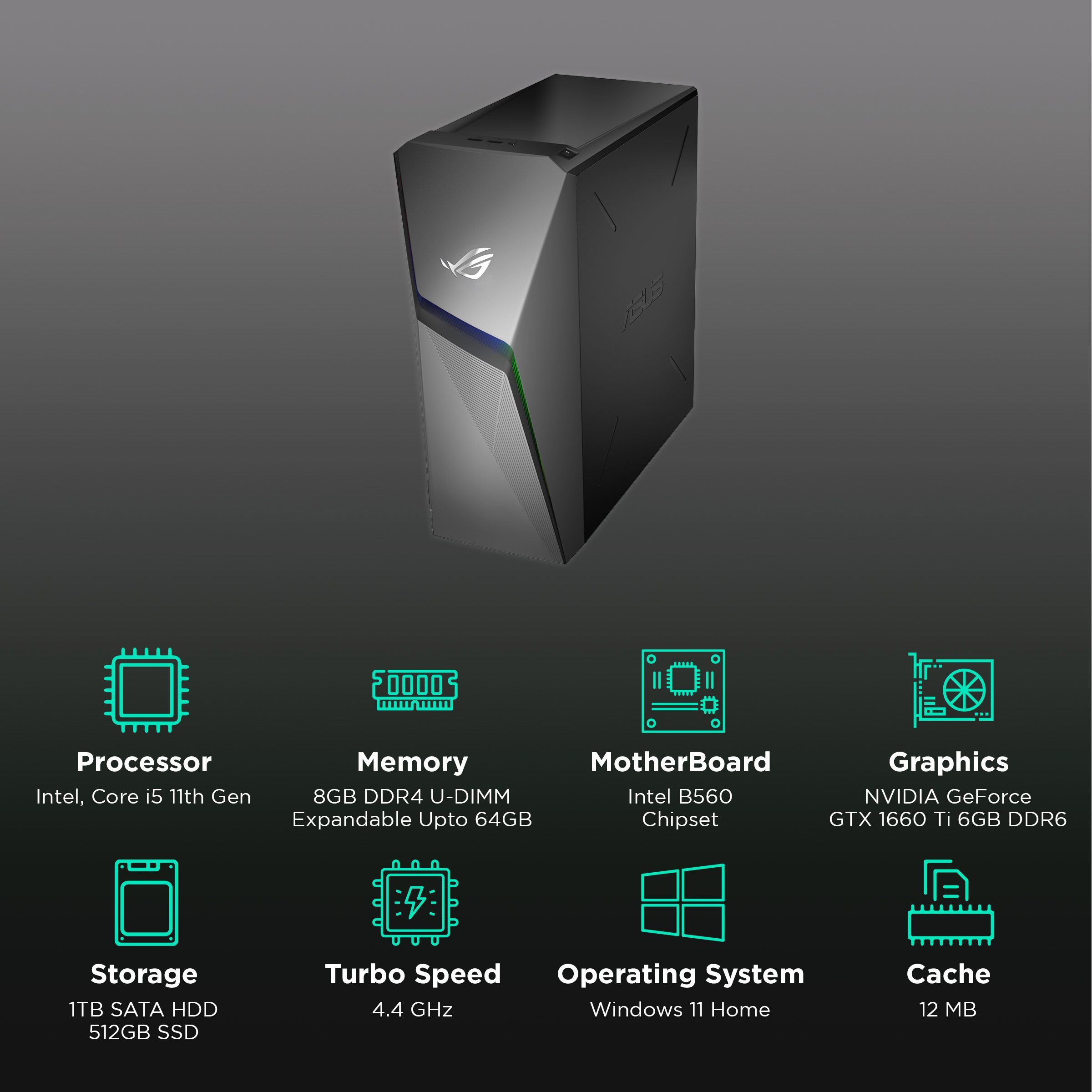ASUS ROG Strix Core i5 Tower PC (8GB, 1TB HDD, 512GB SSD, NVIDIA GeForce GTX1660TI, Windows 11 Home, Gray)_3