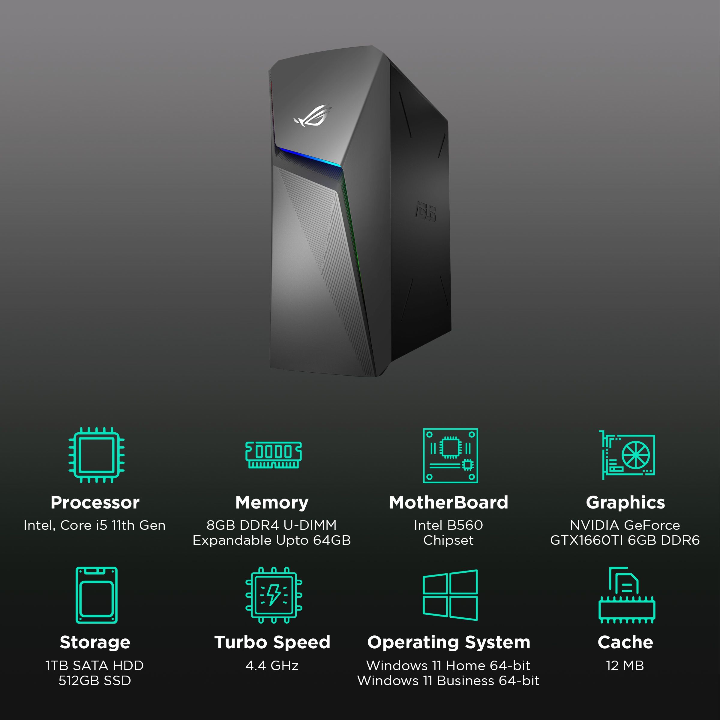 ASUS ROG Strix Core i5 Tower PC (8GB, 1TB HDD, 256GB SSD, NVIDIA GeForce GTX1660TI, Windows 11 Home, Gray)_3