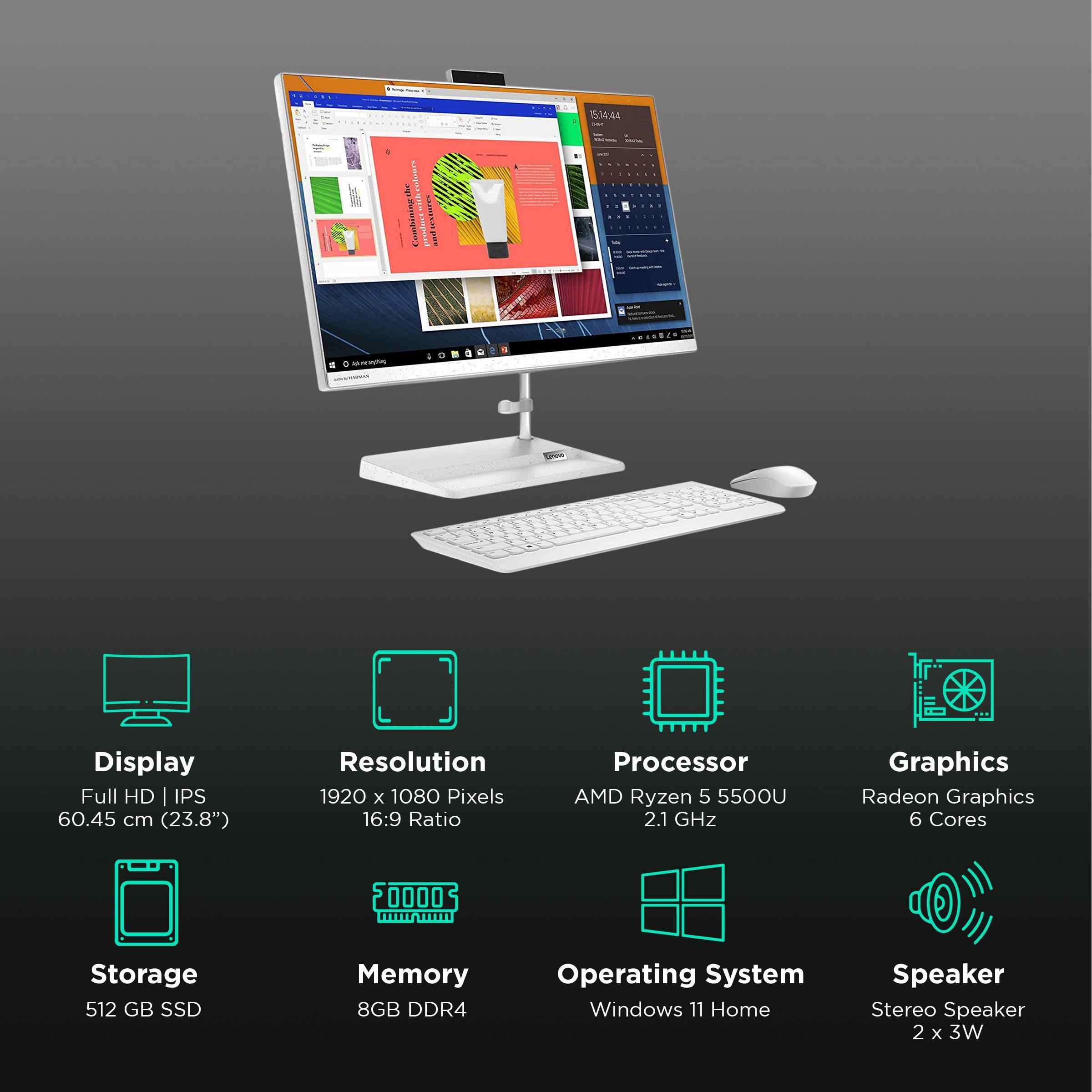 Lenovo IdeaCentre AIO 3 23.8 Inch Full HD IPS Display AMD Ryzen 5 Windows 11 Home Desktop (8GB, 512GB SSD, AMD Radeon)_3
