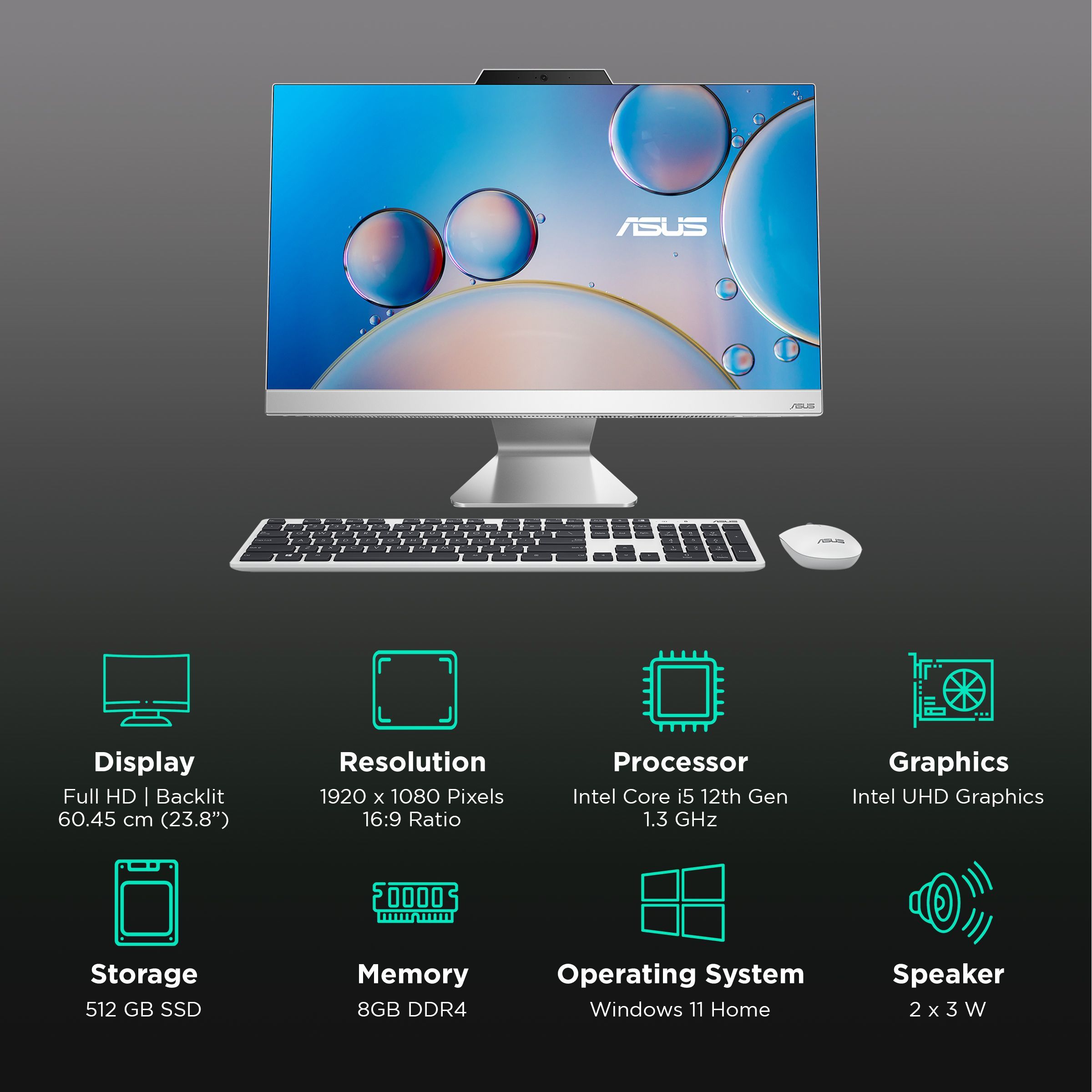 ASUS AiO A3 Series 23.8 Inch Full HD Display Intel Core i5 12th Gen Windows 11 Home Desktop (8GB, 512GB SSD, Intel UHD)_3