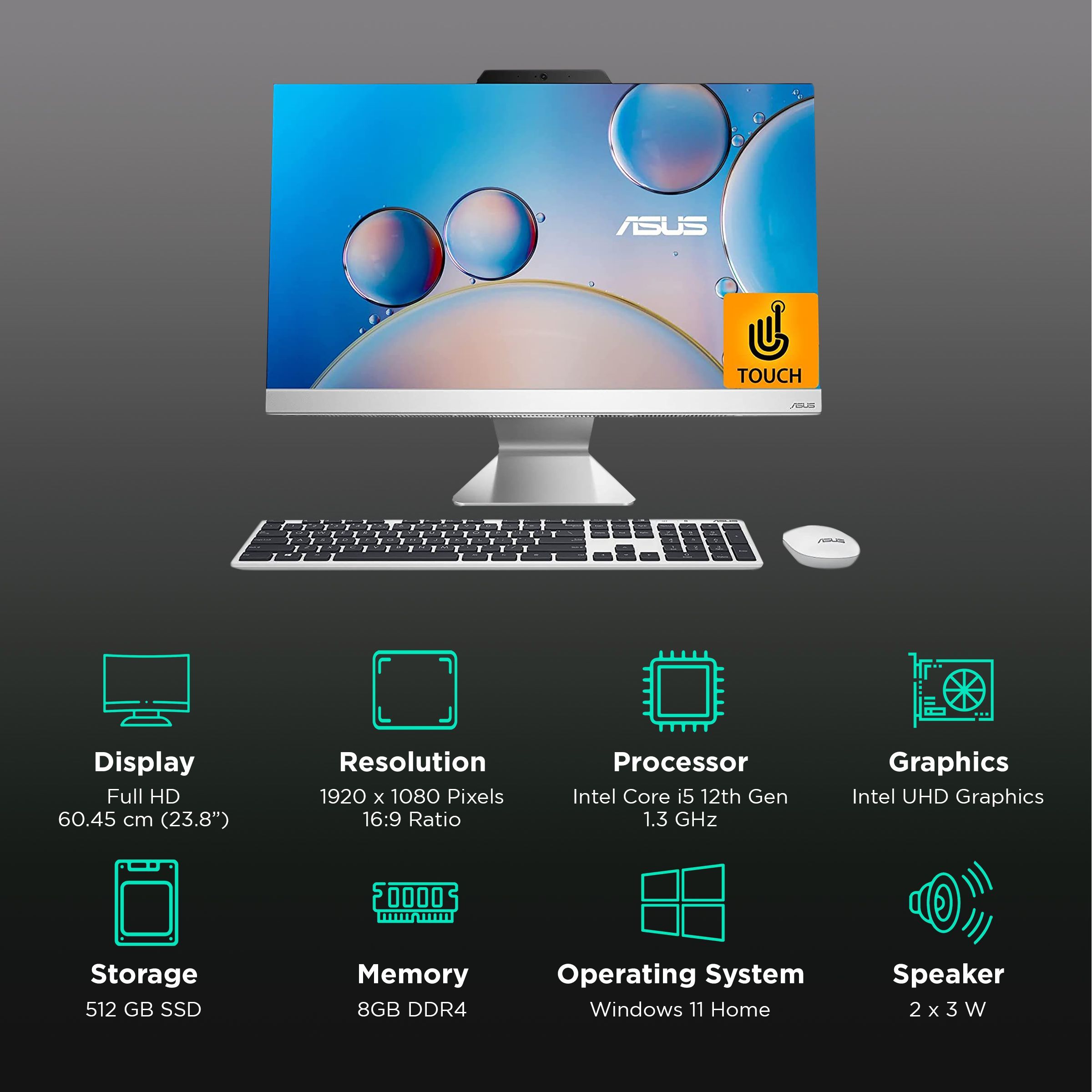 ASUS AiO A3 Series 23.8 Inch Full HD Touch Display Intel Core i5 12th Gen Windows 11 Home Desktop (8GB, 512GB SSD, Intel UHD) ASUS AiO A3 Series 23.8 Inch Full HD Touch Display Intel Core i5 12th Gen Windows 11 Home Desktop (8GB, 512GB SSD, Intel UHD)_3