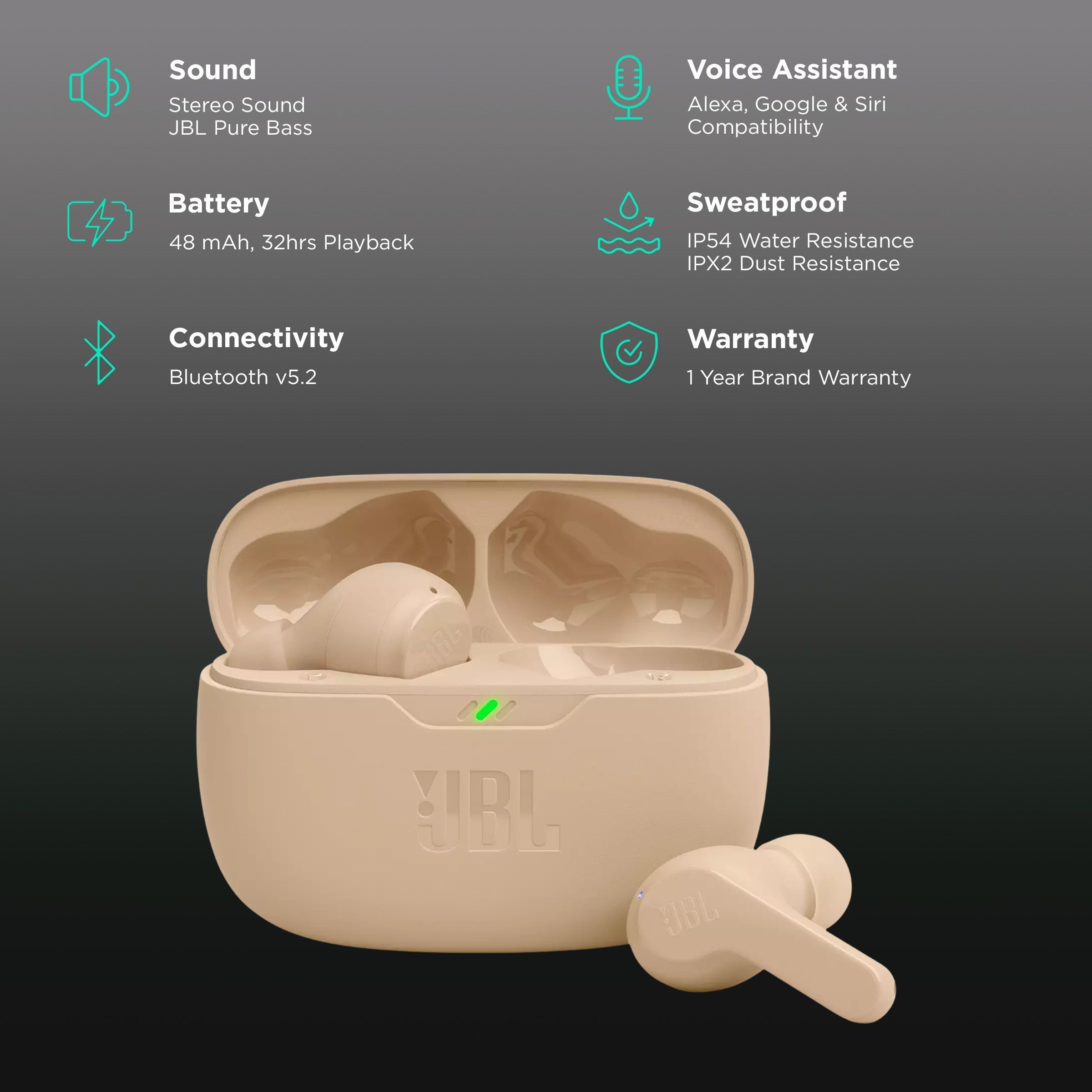 JBL Wave Beam JBLWBEAMBEG TWS Earbuds (IP54 Water Resistant, Deep Bass Sound, Beige)_2