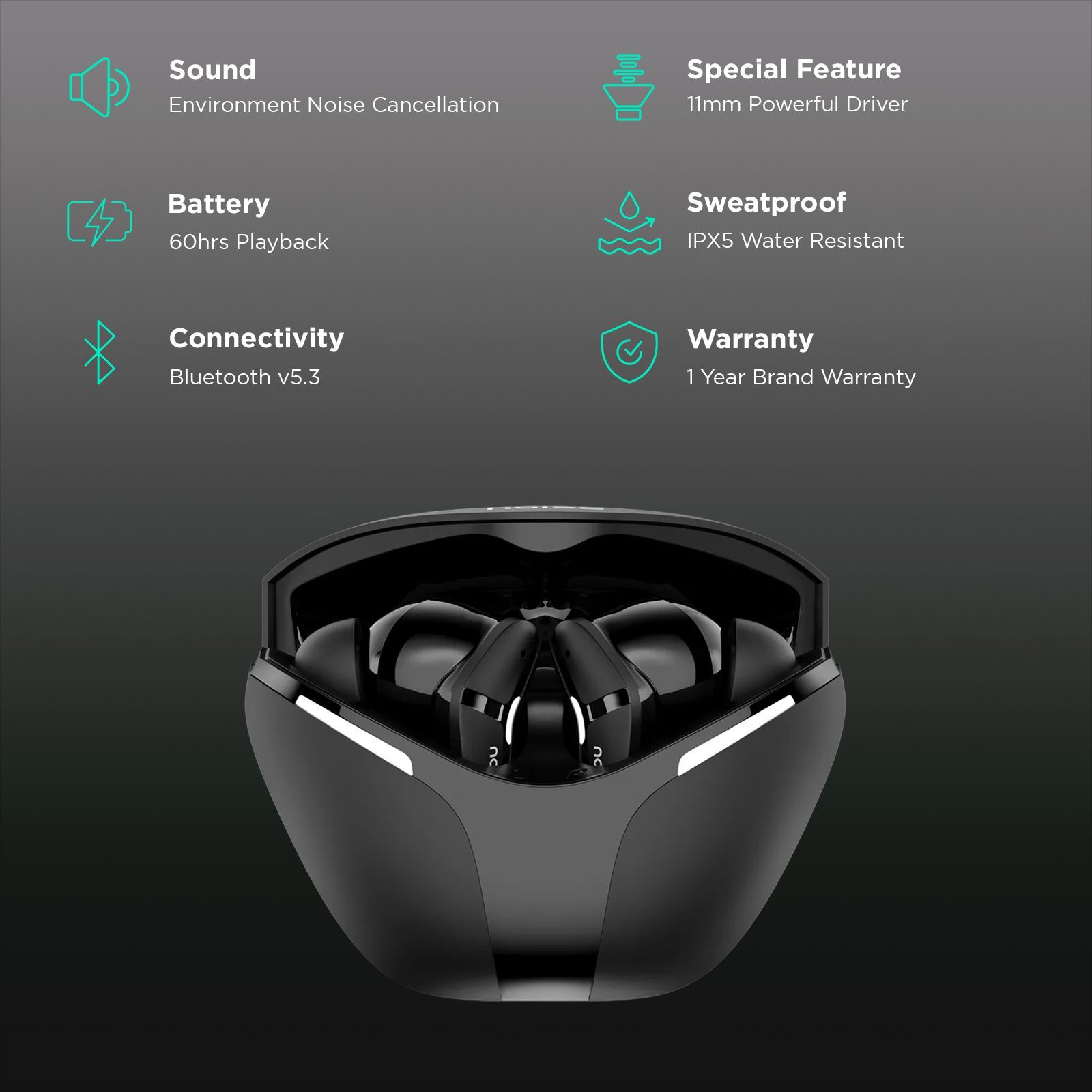 noise Buds MVP 102 TWS Earbuds with Environmental Noise Cancellation (IPX5 Water Resistant, Up to 60 Hours Playtime, Onyx Black)_2