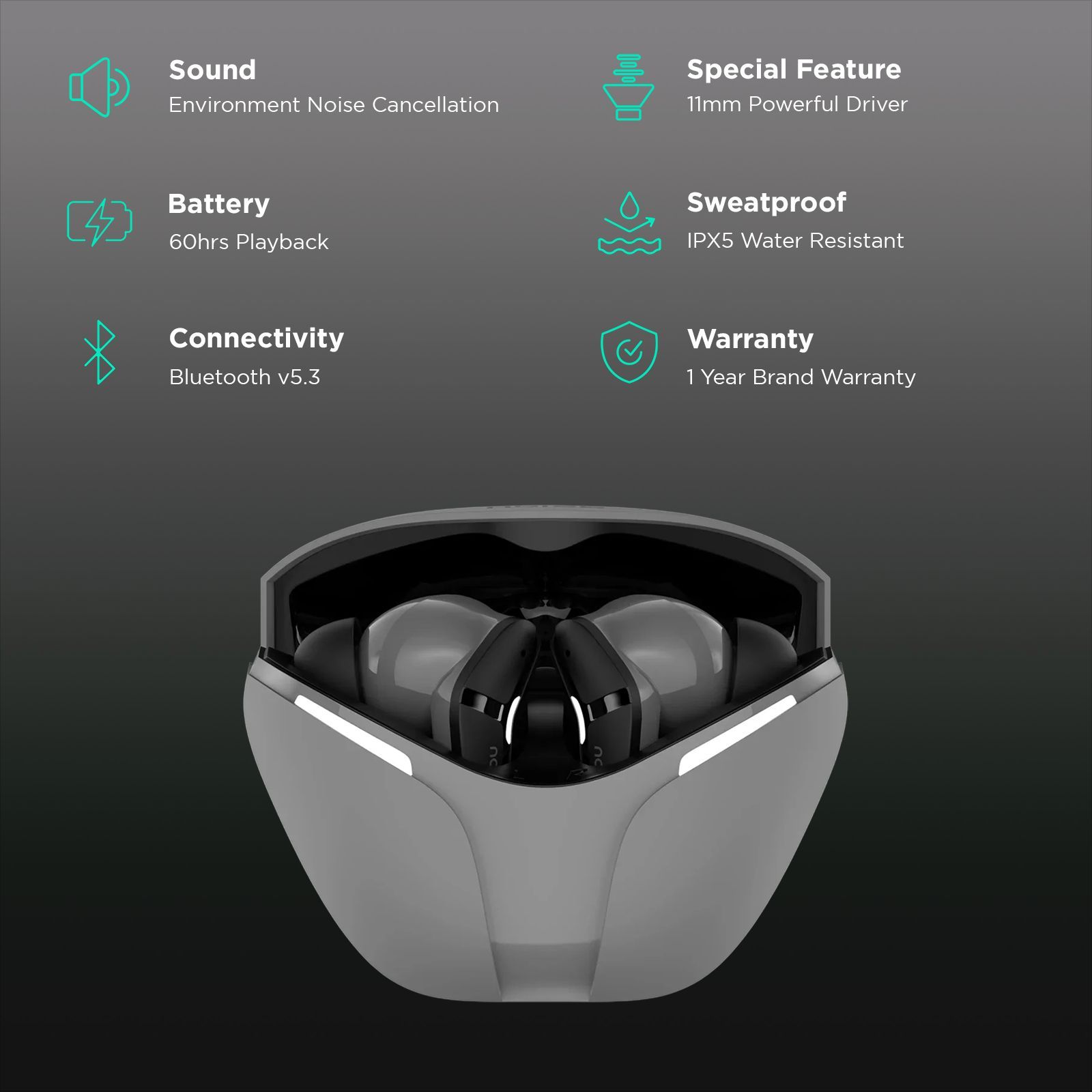 noise Buds MVP 102 TWS Earbuds with Environmental Noise Cancellation (IPX5 Water Resistant, Up to 60 Hours Playtime, Rogue Grey)_2