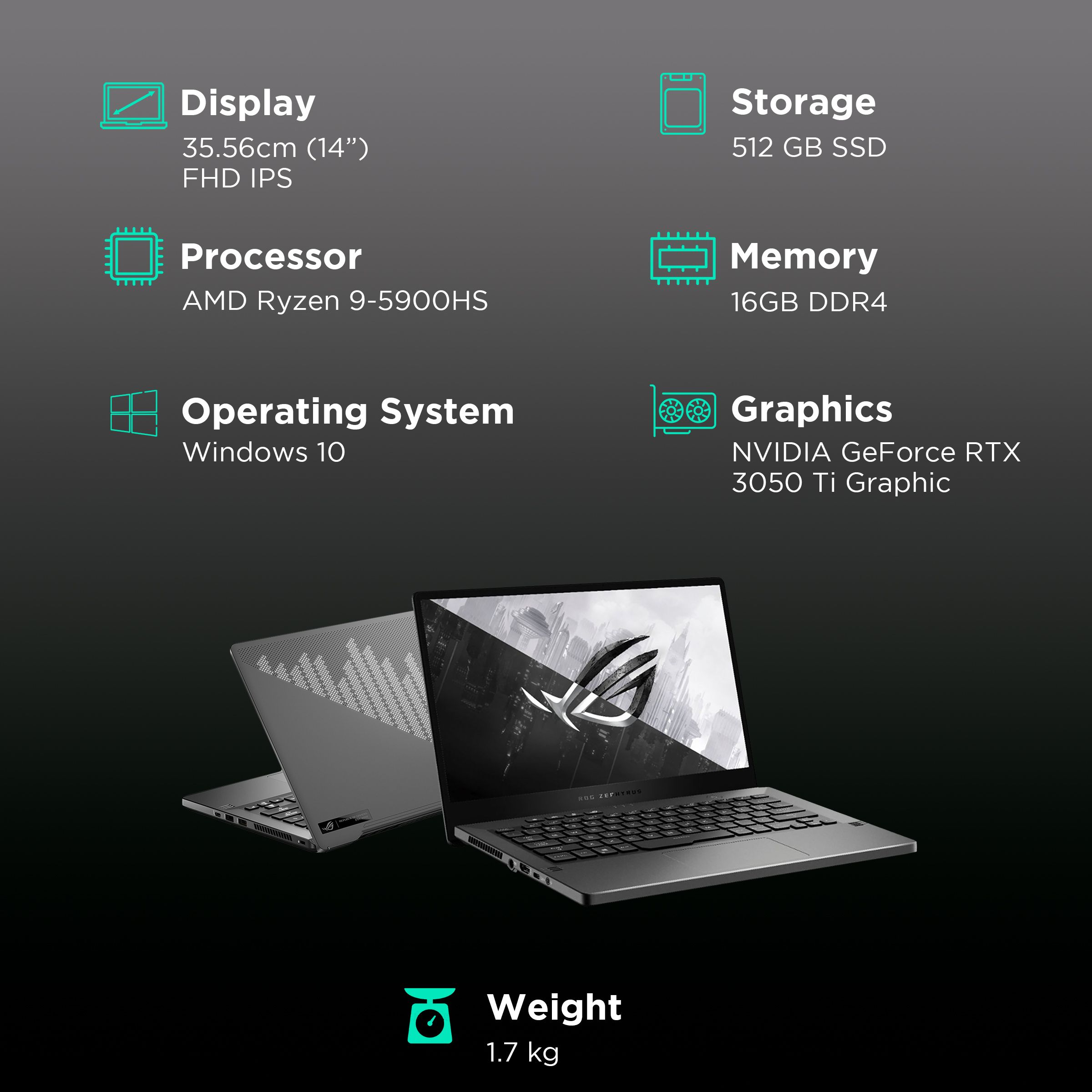 ASUS ROG Zephyrus G14 AMD Ryzen 9 (14 inch, 16GB, 512GB, Windows 10, MS Office 2019, NVIDIA GeForce RTX 3050 Ti Graphics, FHD IPS Display, Eclipse Grey, GA401QE-HZ176TS)_3