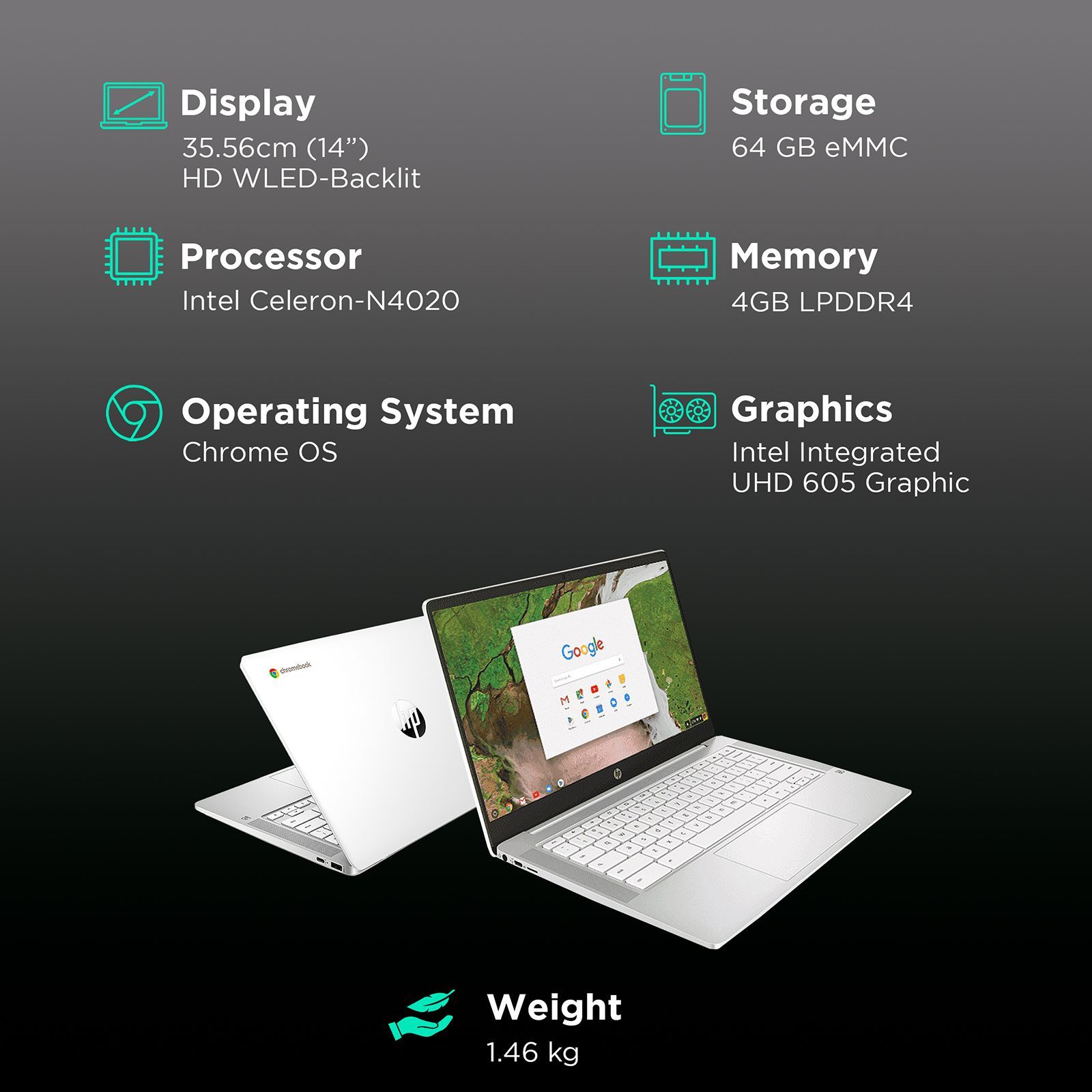 HP 14a-na0002tu Chromebook Intel Celeron (4GB, 64GB, Chrome OS, 14 inch, Ceramic White, 2Z326PA#ACJ)_3