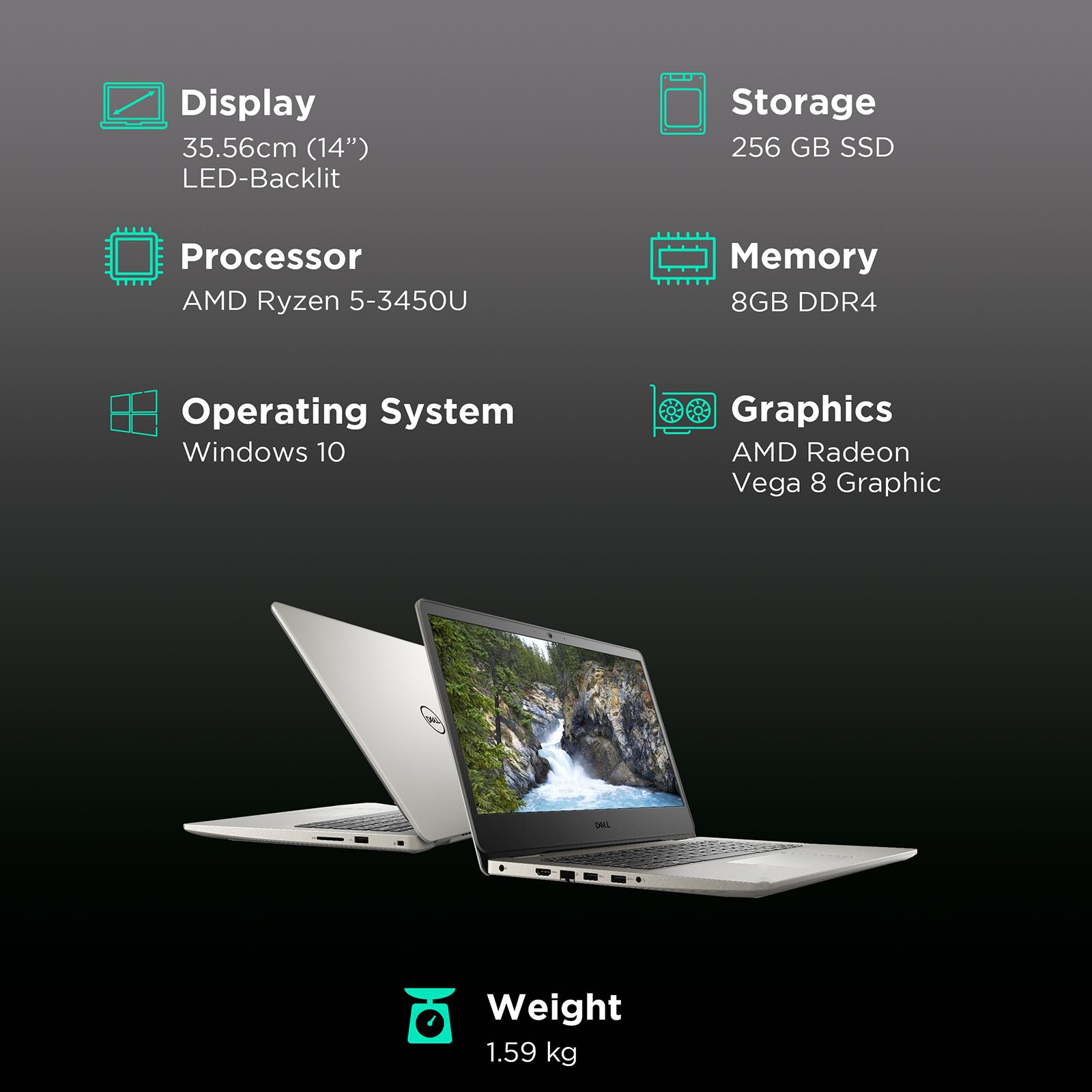 DELL 14 Vostro 3405 AMD Ryzen 5 (14 inch, 8GB, 256GB, Windows 10, MS Office 2019, AMD Radeon Vega 8 Graphics, LED-Backlit Display, Dune, D552202WIN9D)_3