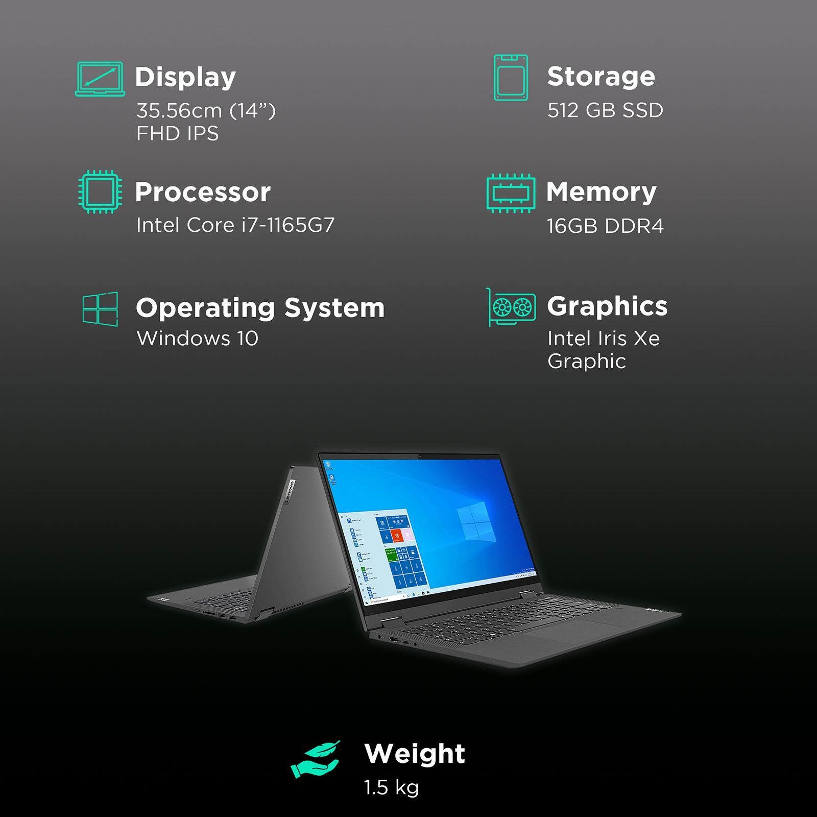 Lenovo IdeaPad Flex 5 Intel Core i7 11th Gen (14 inch, 16GB, 512GB, Windows 10, MS Office, Intel Iris Xe Graphics, FHD IPS Display, Graphite Grey, 82HS0159IN)_3