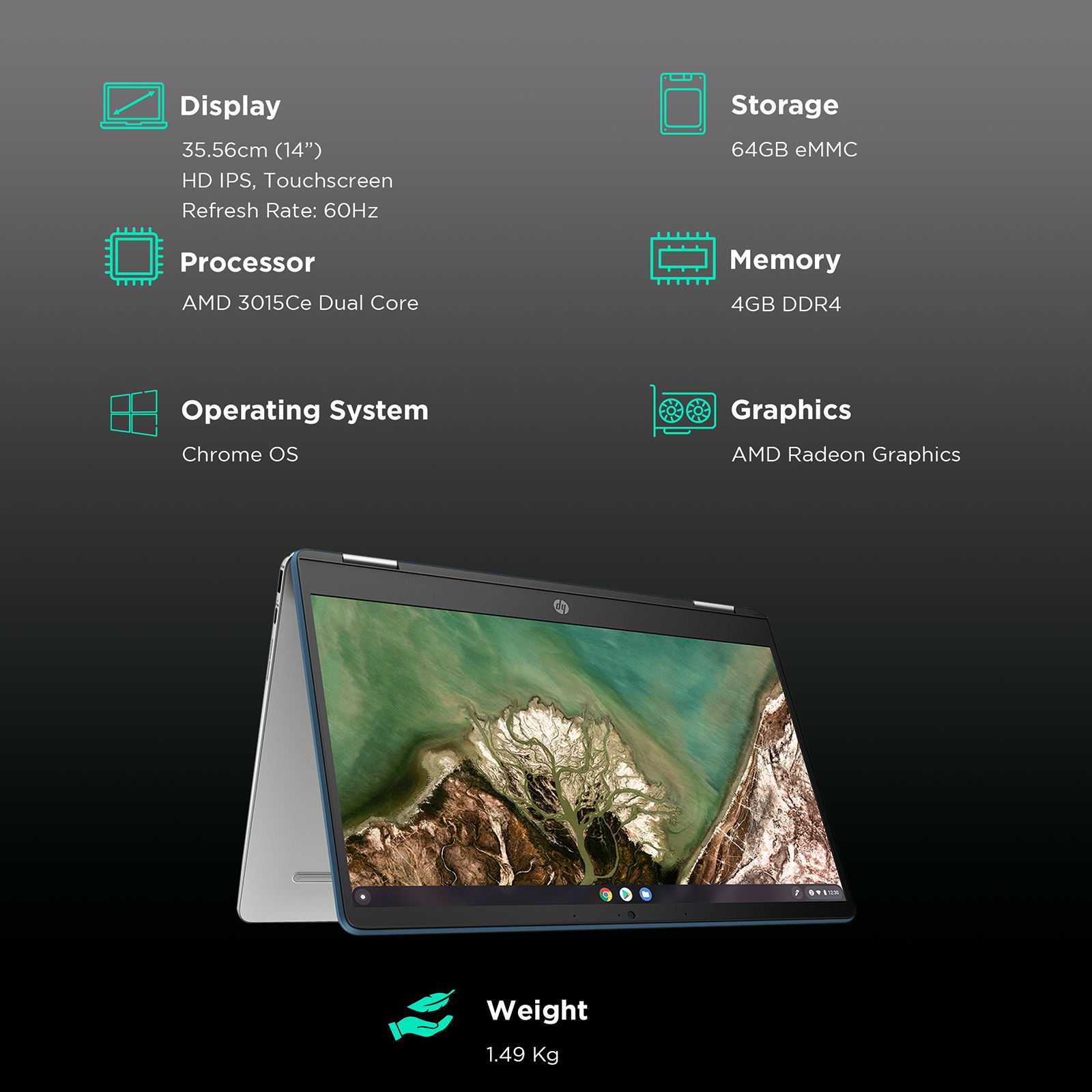 HP x360 14a-cb0005AU Chromebook AMD 3015Ce (4GB, 64GB, Chrome OS, 14 inch, Mineral Silver, 4L7Y2PA) HP x360 14a-cb0005AU Chromebook AMD 3015Ce (4GB, 64GB, Chrome OS, 14 inch, Mineral Silver, 4L7Y2PA)_3
