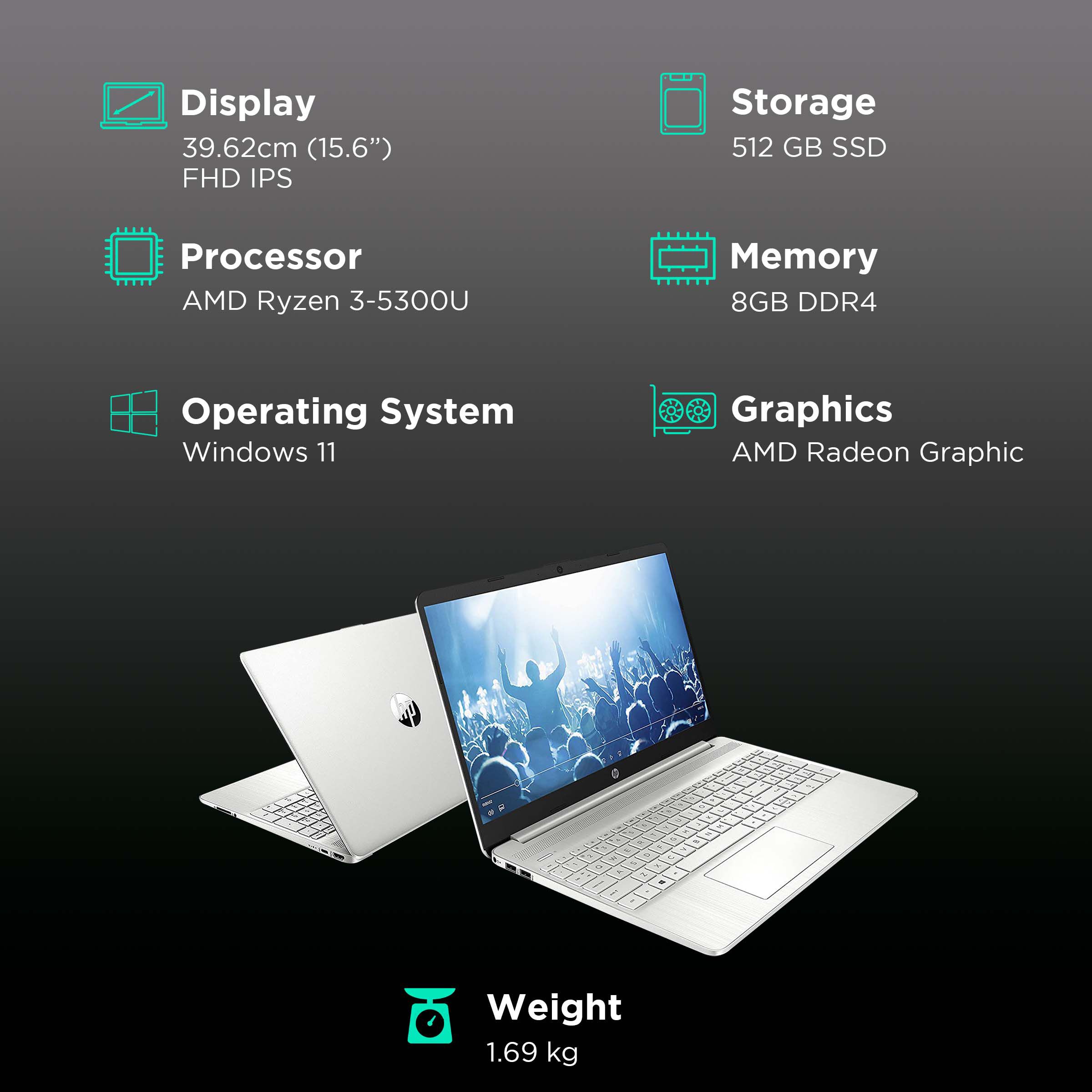 HP 15s-eq2143AU AMD Ryzen 3 5300U Thin & Light Laptop (8GB, 512GB SSD, Windows 11 Home, 15.6 inch Full HD Display, MS Office 2019, Natural Silver, 1.69 KG)_3