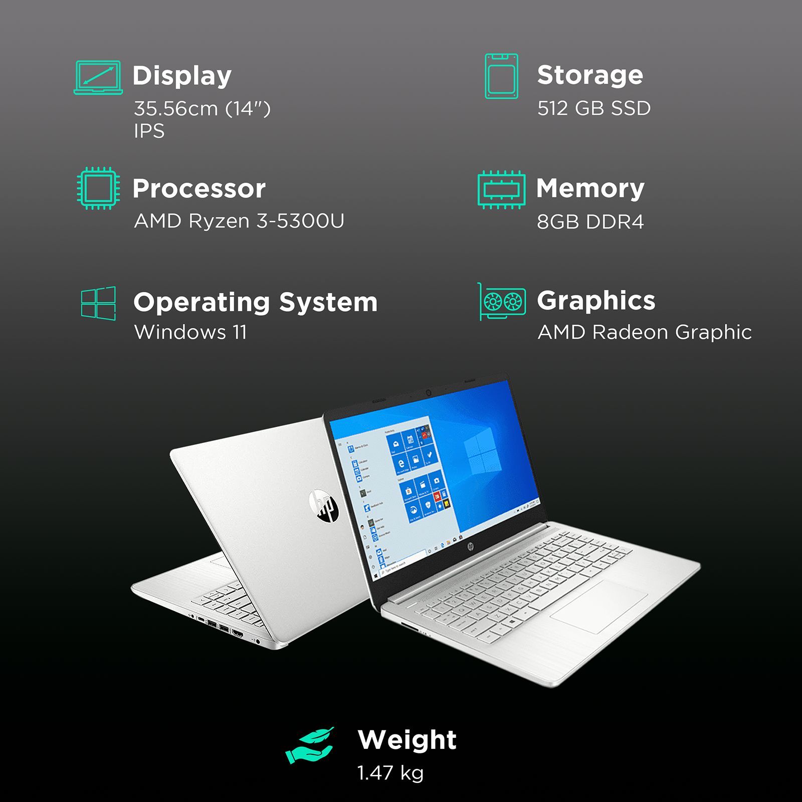 HP 14s-fq1089AU AMD Ryzen 3 (14 inch, 8GB, 512GB, Windows 11, MS Office 2019, AMD Radeon Graphics, IPS Display, Natural Silver, 50M59PA) HP 14s-fq1089AU AMD Ryzen 3 (14 inch, 8GB, 512GB, Windows 11, MS Office 2019, AMD Radeon Graphics, IPS Display, Natural Silver, 50M59PA)_3