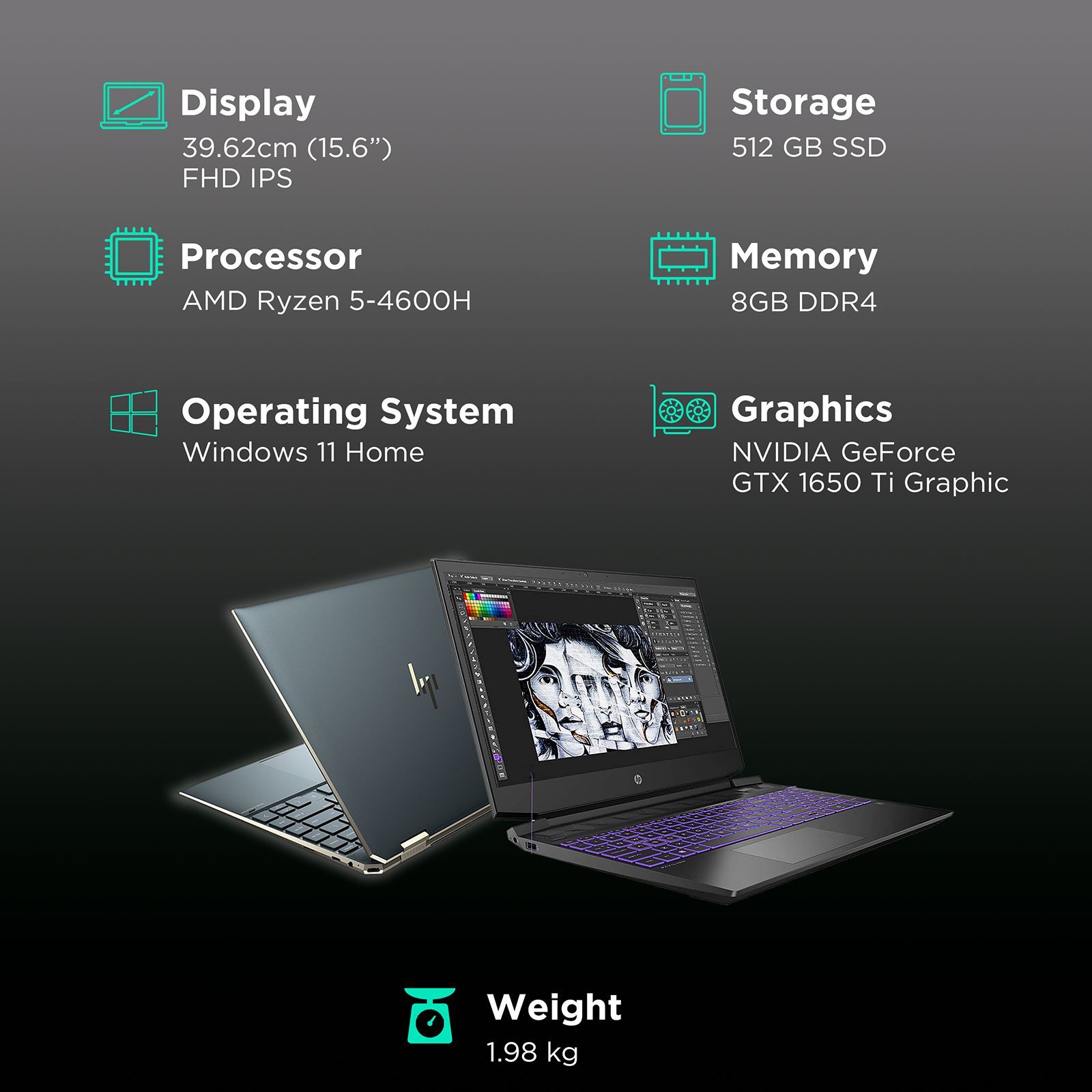 HP Pavilion 15-EC1025AX AMD Ryzen 5 (15.6 inch, 8GB, 512GB, Windows 11, NVIDIA GeForce GTX 1650 Ti Graphics, FHD IPS Display, Shadow Black, 183J5PA#ACJ)_3