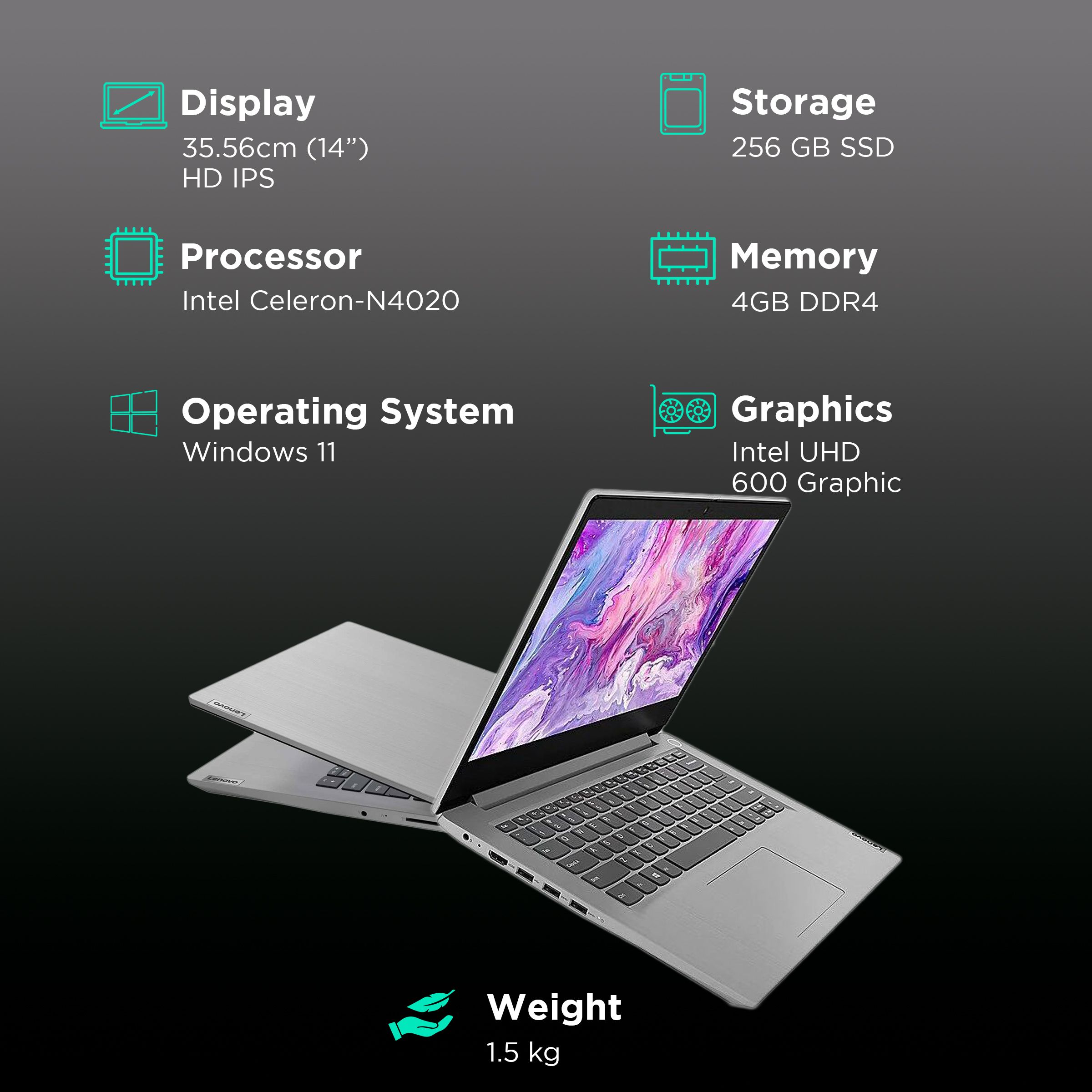 Lenovo IdeaPad Slim3 14IGL05 Intel Celeron 4th Gen (14 inch, 4GB, 256GB, Windows 11, MS Office 2021, Intel UHD 600 Graphics, HD IPS Display, Platinum Grey, 81WH007KIN)_3