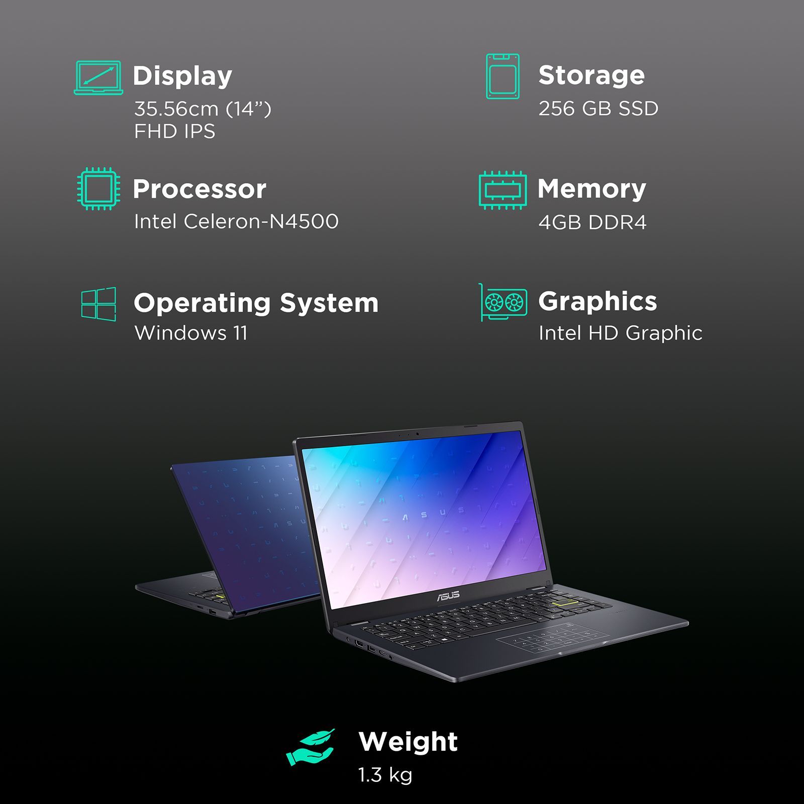 ASUS 14 Intel Celeron (14 inch, 4GB, 256GB, Windows 11, Intel HD Graphics, FHD IPS Display, Peacock Blue, E410KA-BV001W) ASUS 14 Intel Celeron (14 inch, 4GB, 256GB, Windows 11, Intel HD Graphics, FHD IPS Display, Peacock Blue, E410KA-BV001W)_3