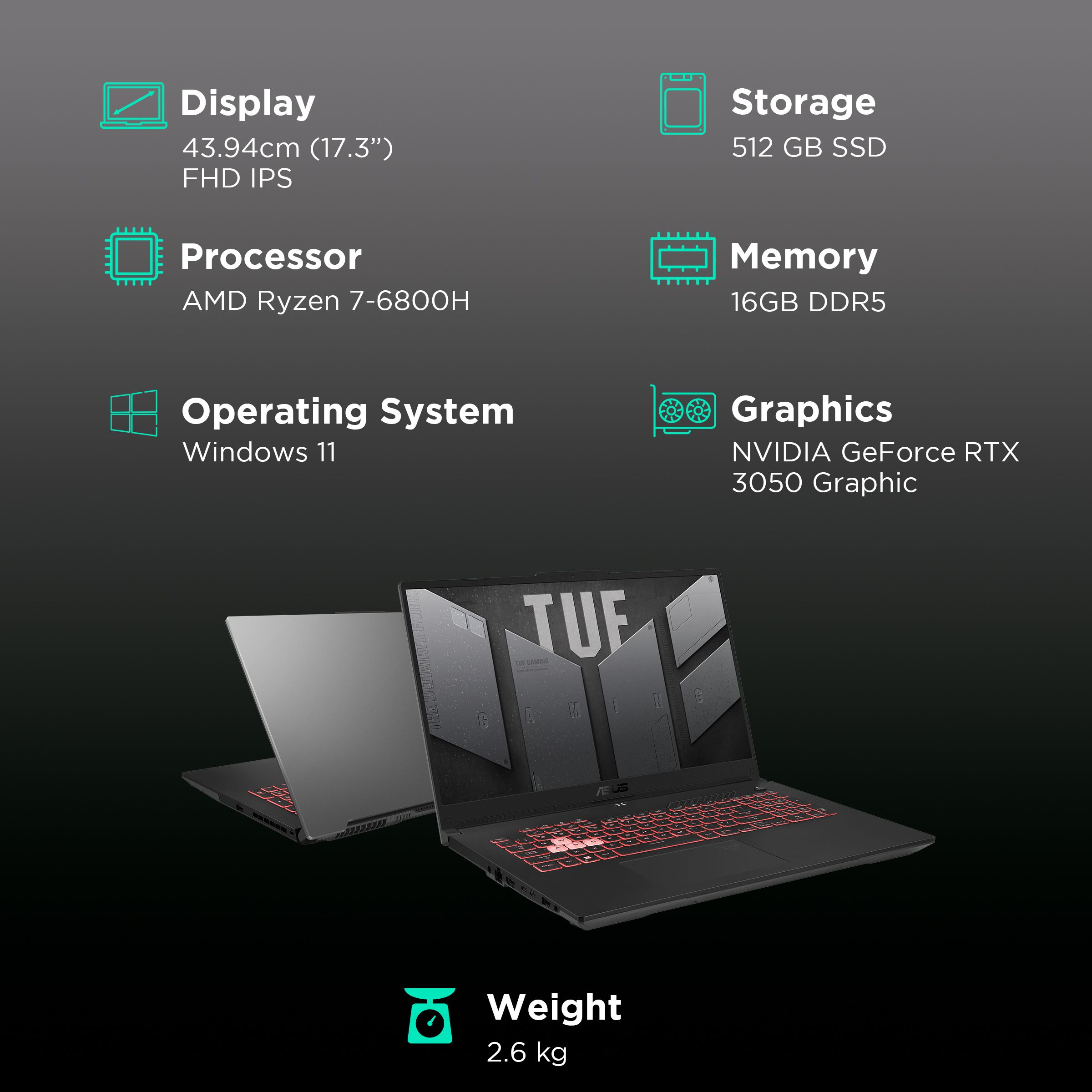ASUS TUF A17 FA777RC-HX027WS AMD Ryzen 7 (17.3 inch, 16GB, 512GB, Windows 11, MS Office 2019, NVIDIA GeForce RTX 3050 Graphics, FHD IPS Display, Jaeger Grey, 90NR09I2-M00160)_3