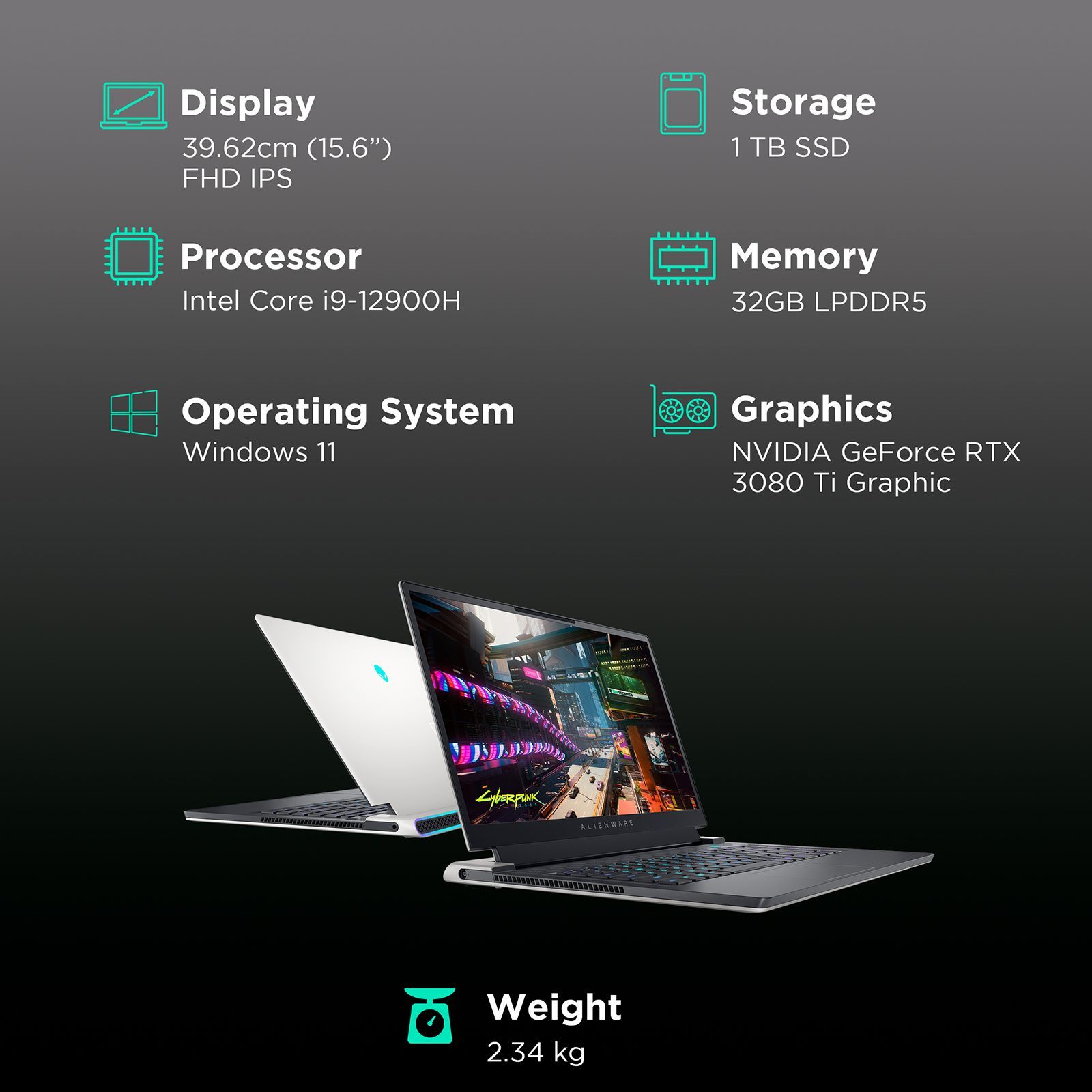 DELL Alienware X15 Intel Core i9 12th Gen (15.6 inch, 32GB, 1TB, Windows 11, MS Office 2021, NVIDIA GeForce RTX 3080 Ti Graphics, FHD IPS Display, Lunar Light, D569942WIN9)_3