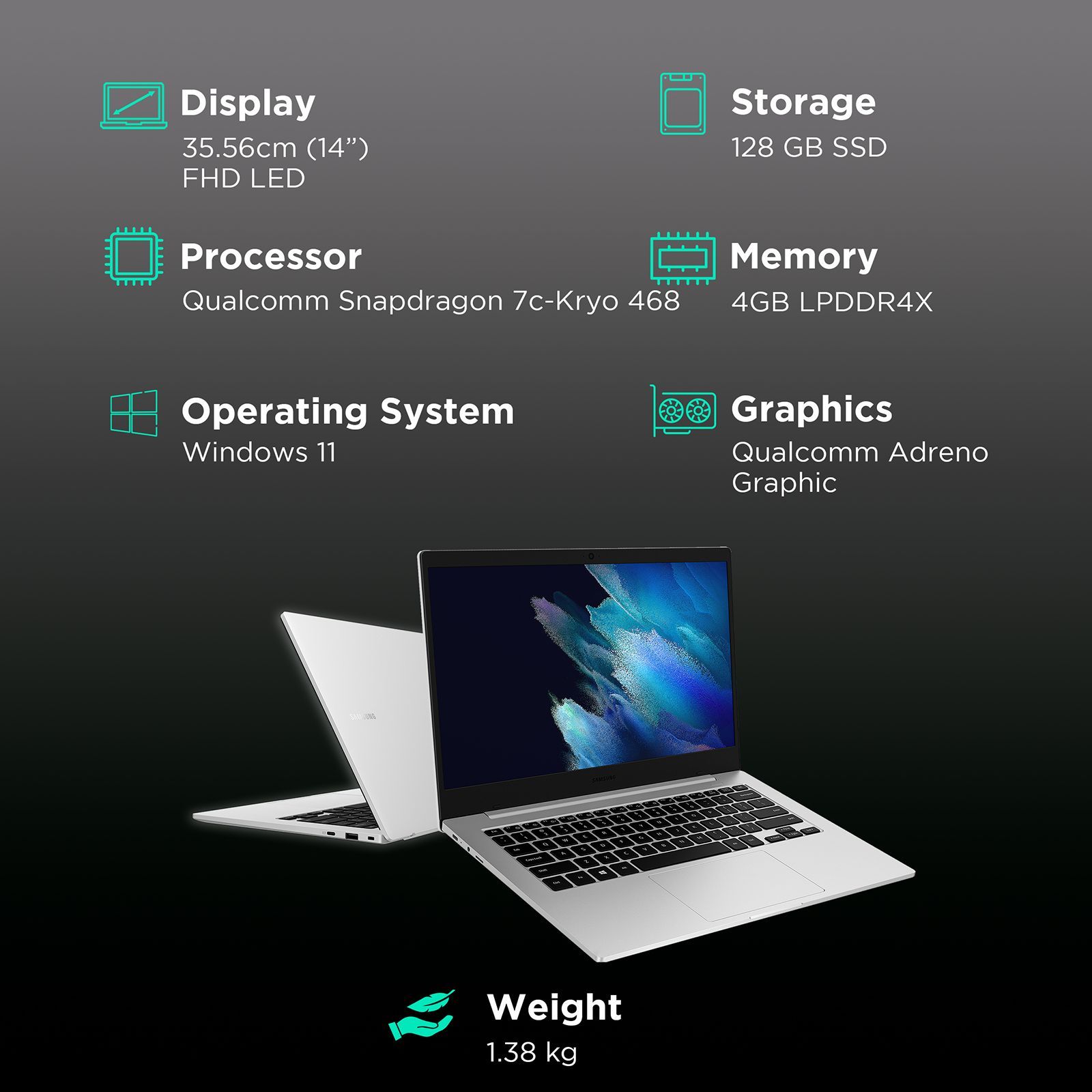 SAMSUNG Galaxy Book Go Qualcomm Snapdragon 7c 2nd Gen Thin & Light Laptop (4GB, 128GB SSD, Windows 11 Home, 14 inch FHD LED Display, MS Office Home & Student 2021, Silver, 1.38 KG)_3