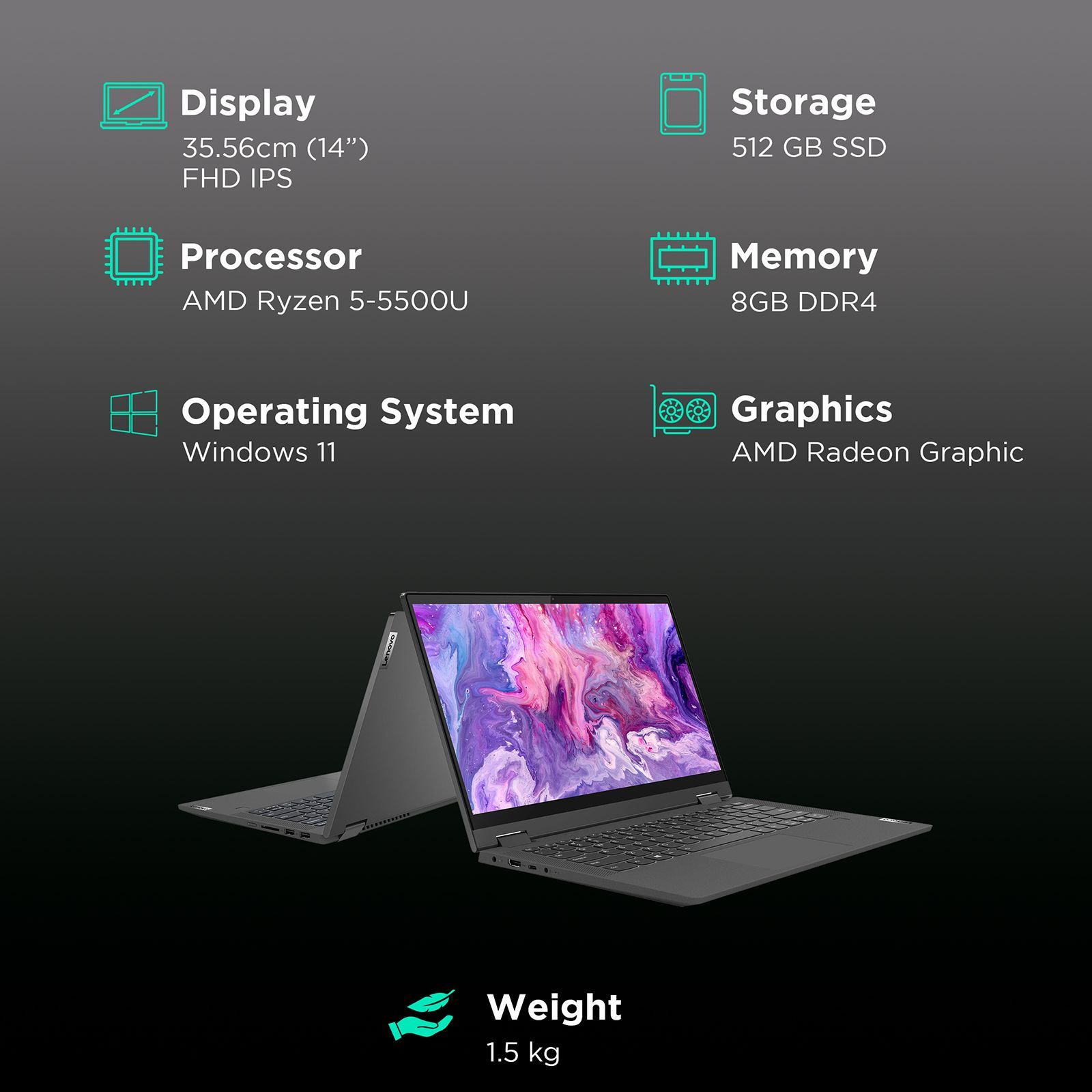 Lenovo IdeaPad Flex 5 14ALC05 AMD Ryzen 5 (14 inch, 8GB, 512GB, Windows 11, MS Office 2021, AMD Radeon Graphics, FHD IPS Display, Graphite Grey, 82HU00PPIN)_2