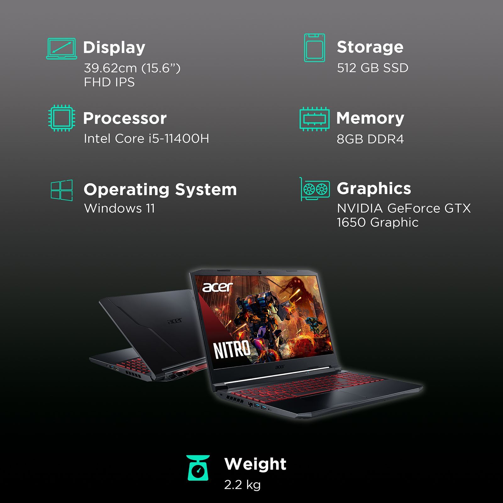 acer Nitro 5 Intel Core i5 11th Gen (15.6 inch, 8GB, 512GB, Windows 11, NVIDIA GeForce GTX 1650 Graphics, FHD IPS Display, Black, NH.QEHSI.001) acer Nitro 5 Intel Core i5 11th Gen (15.6 inch, 8GB, 512GB, Windows 11, NVIDIA GeForce GTX 1650 Graphics, FHD IPS Display, Black, NH.QEHSI.001)_3