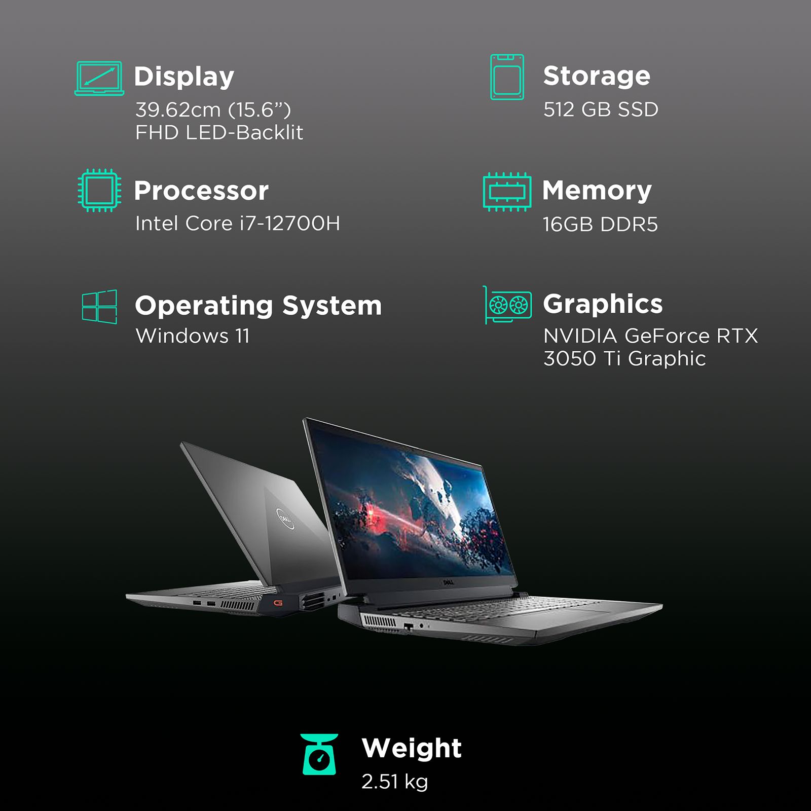 DELL G15 Inspiron 5520 Intel Core i7 12th Gen (15.6 inch, 16GB, 512GB, Windows 11, MS Office 2021, NVIDIA GeForce RTX 3050 Ti Graphics, FHD LED-Backlit Display, Dark Shadow Grey, D560823WIN9B)_3