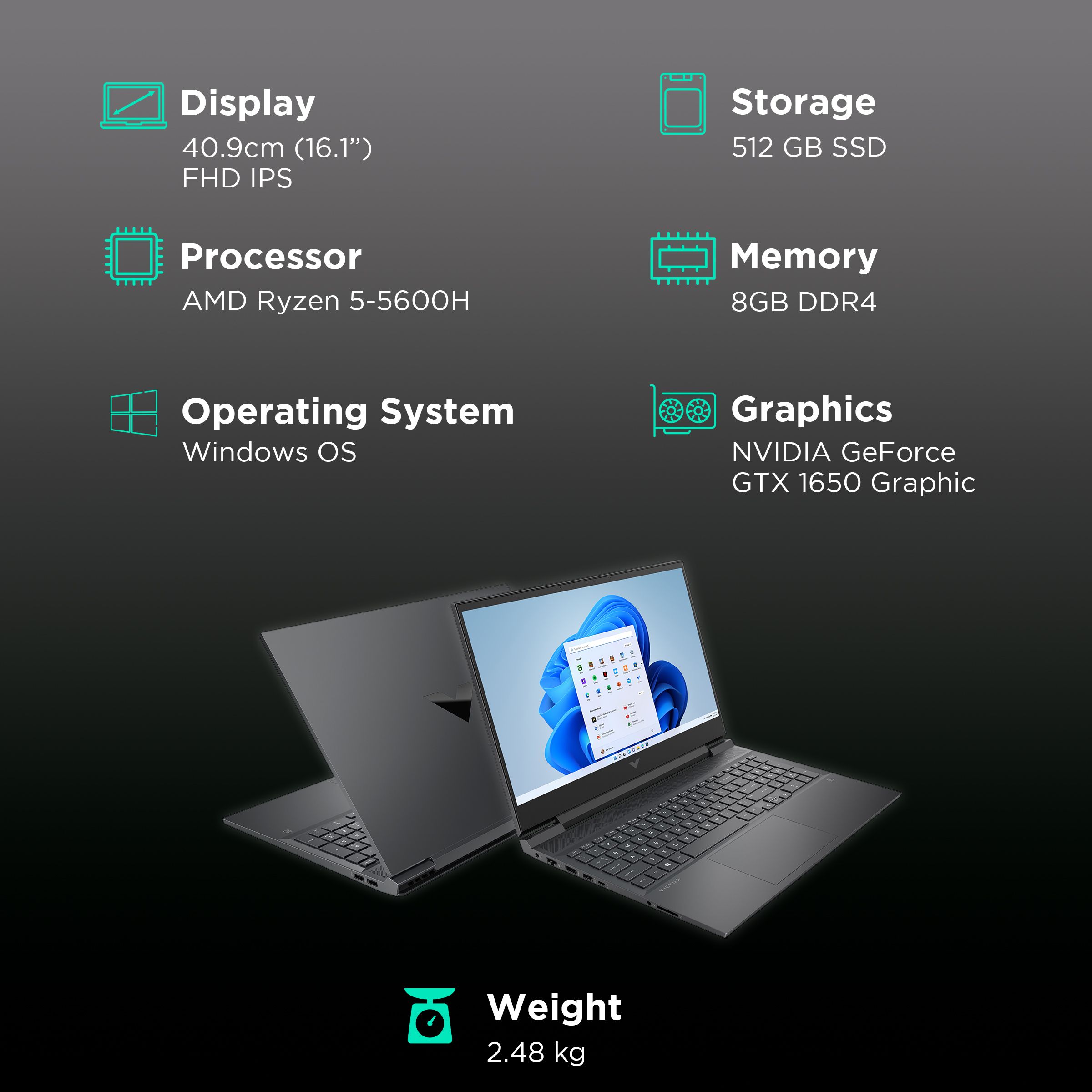 HP Victus 16-e0352AX AMD Ryzen 5 5600H Gaming Laptop (8GB, 512GB SSD, Windows 11 Home, 4GB Graphics, 16.1 inch 144 Hz Full HD IPS Display, NVIDIA GeForce GTX 1650, MS Office 2021, Mica Silver, 2.46 KG)_3