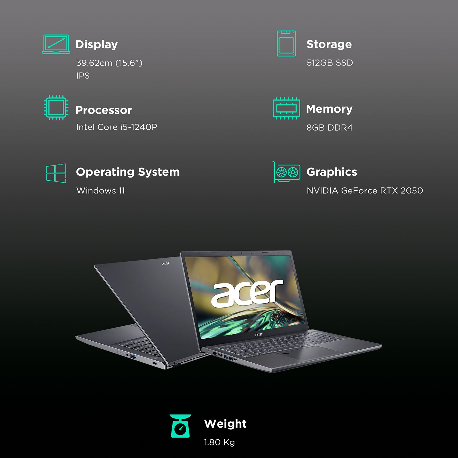 acer Aspire 5 Intel Core i5 12th Gen Gaming Laptop (8GB, 512GB SSD, Windows 11 Home, 4GB Graphics, 15.6 inch Full HD IPS Display, NVIDIA GeForce RTX 2050, Steel Gray, 1.8 KG)_3