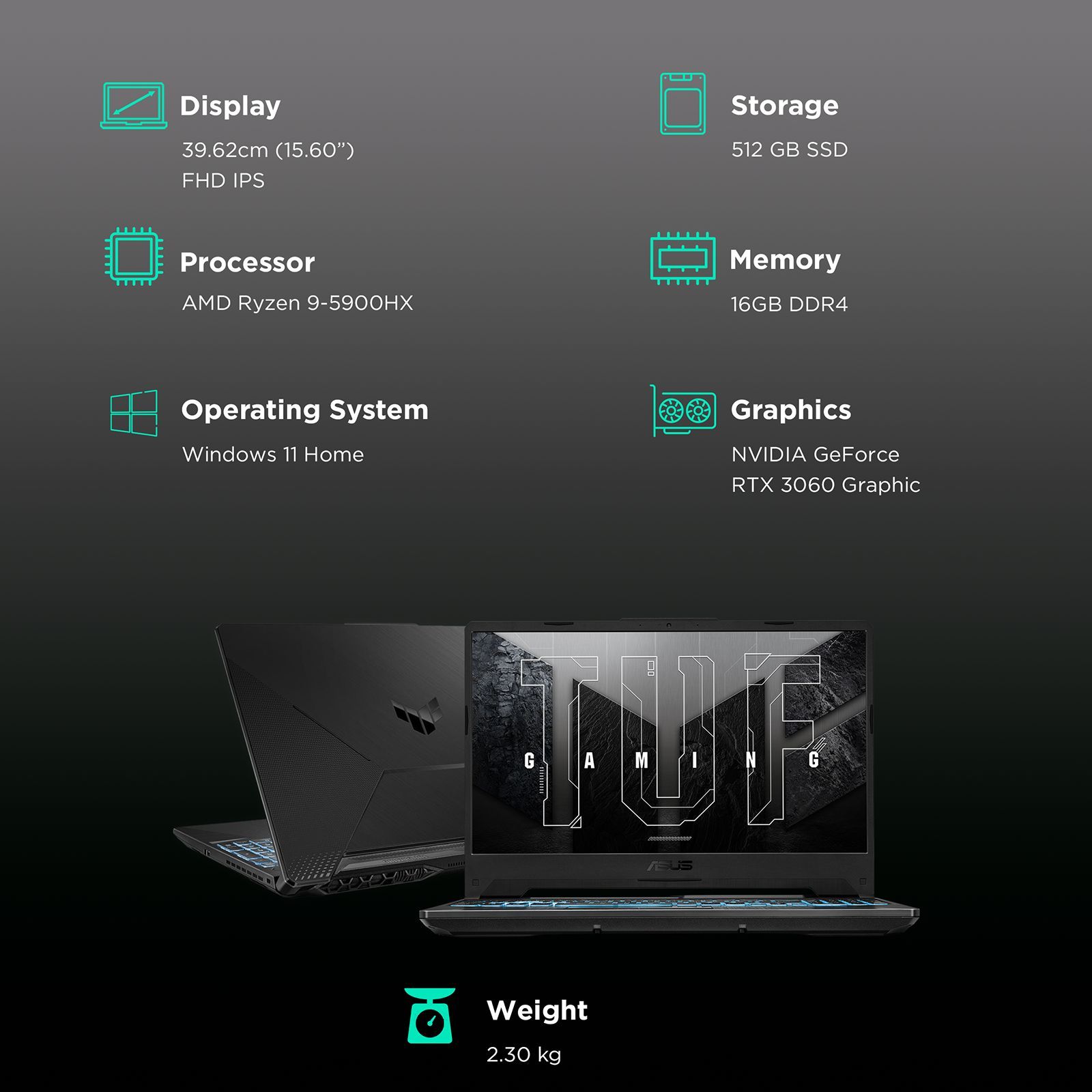 ASUS TUF Gaming A15 FA506QM-HN124W AMD Ryzen 9 5900HX Gaming Laptop (16GB, 512GB SSD, Windows 11 Home, 6GB Graphics, 15.6 inch 144 Hz Full HD IPS Display, NVIDIA GeForce RTX 3060, Graphite Black, 2.3 KG)_3