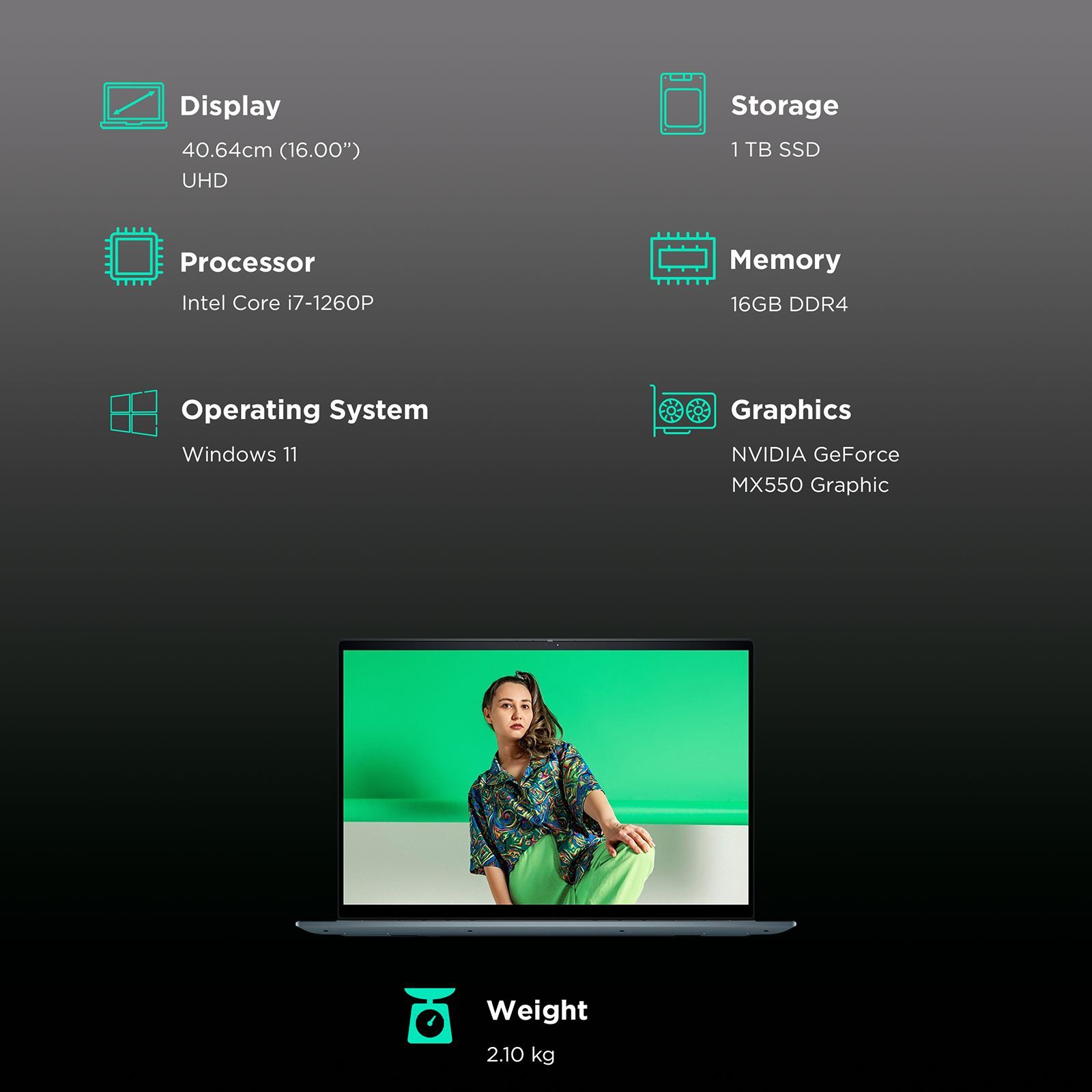 DELL Inspiron 7620 Intel Core i7 11th Gen (16 inch, 16GB, 1TB, Windows 11, MS Office 2021, NVIDIA GeForce MX550, UHD Display, Dark Green, D560781WIN9S)_3