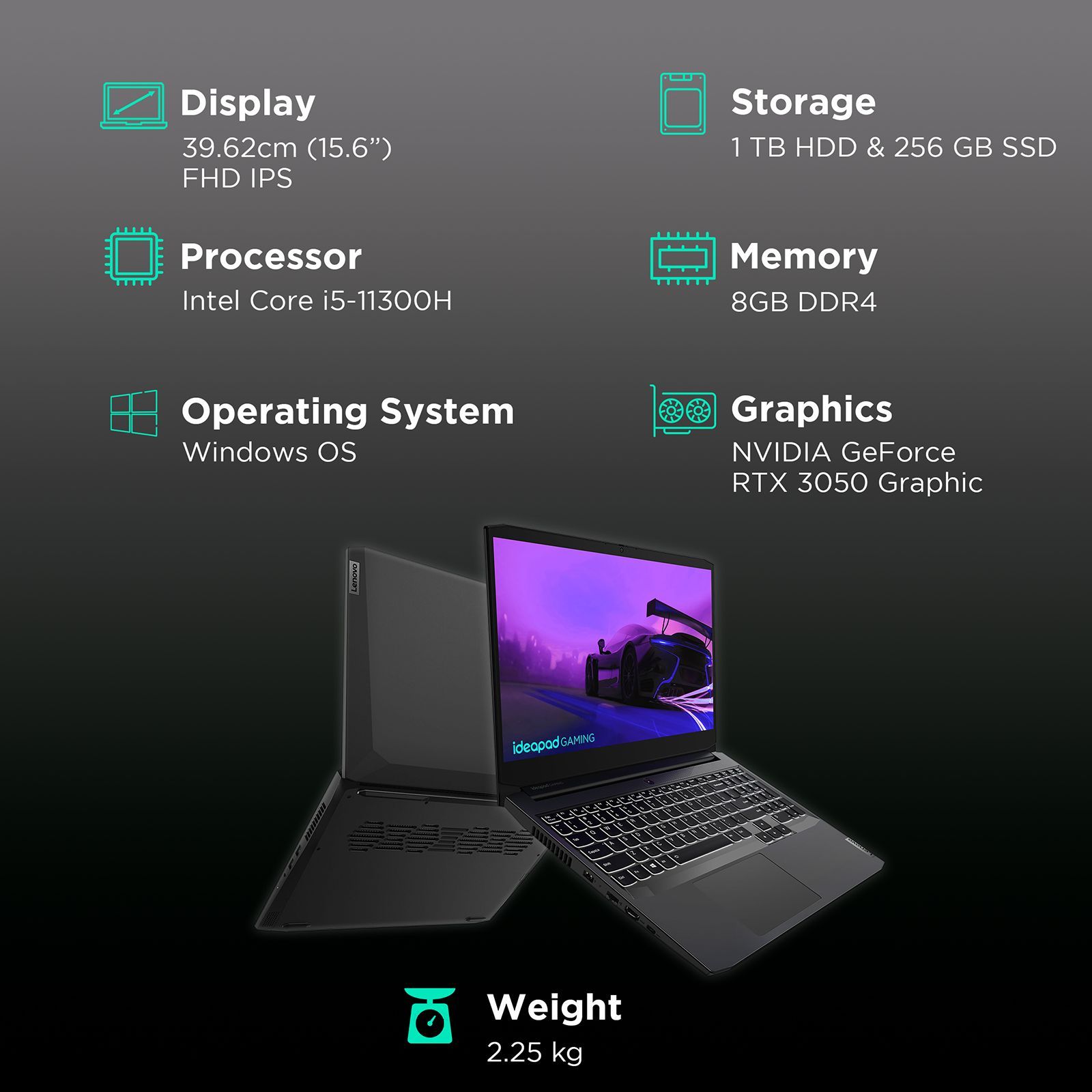 Lenovo IdeaPad Gaming 3 Intel Core i5 11th Gen (15.6 inch, 8GB, 1TB and 256GB, Windows 11 Home, MS Office 2021, NVIDIA GeForce RTX 3050, IPS Display, Shadow Black, 82K1019AIN) Lenovo IdeaPad Gaming 3 Intel Core i5 11th Gen (15.6 inch, 8GB, 1TB and 256GB, Windows 11 Home, MS Office 2021, NVIDIA GeForce RTX 3050, IPS Display, Shadow Black, 82K1019AIN)_3
