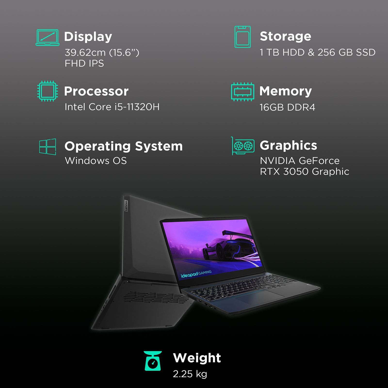 Lenovo Ideapad Gaming 3 (82K101B7IN) Core i5 11th Gen Windows 11 Home Laptop (16GB RAM, 1TB HDD, 256GB SSD, NVIDIA GeForce RTX 3050 +4GB GDDR6, MS Office, 39.62cm, Shadow Black)_3
