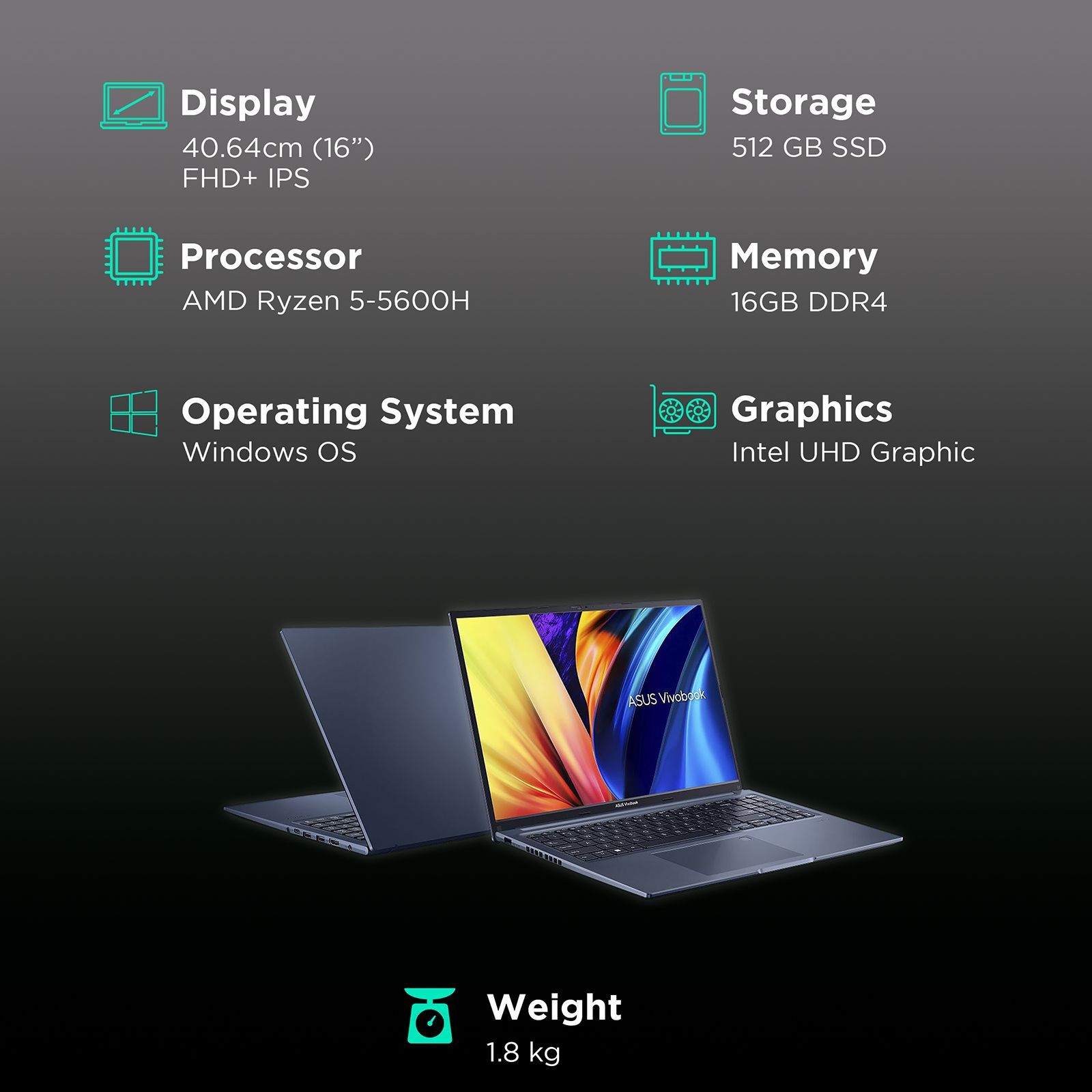 ASUS Vivobook 16X AMD Ryzen 5 Thin and Light Laptop (16GB, 512GB SSD, Windows 11 Home, 16 inch LED-Backlit Display, MS Office 2021, Quiet Blue, 1.88 KG)_3