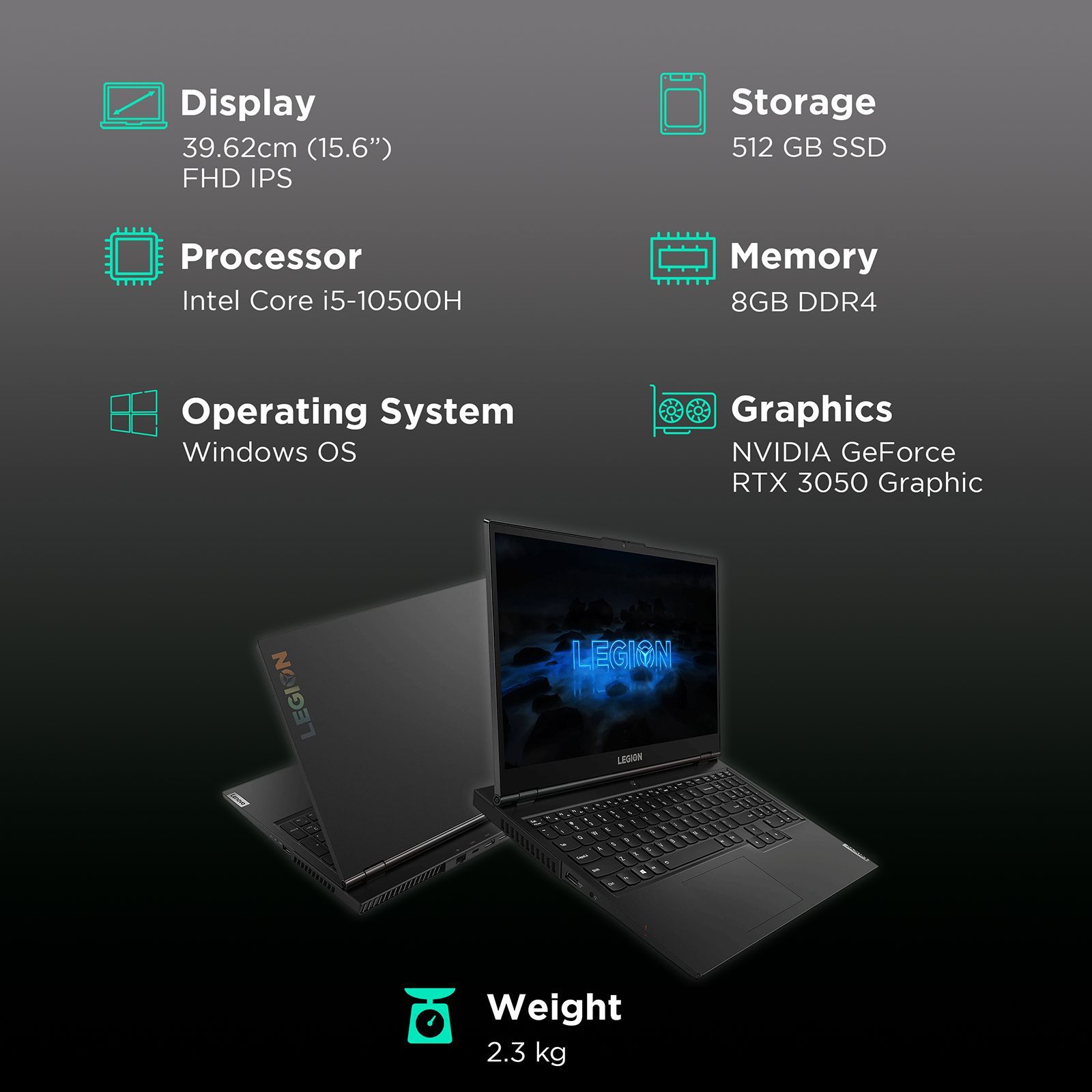 Lenovo Legion 5 15IMH6 Intel Core i5 10th Gen Gaming Laptop (8GB, 512GB SSD, Windows 11 Home, 4GB Graphics, 15.6 inch 120 Hz Full HD IPS Display, NVIDIA GeForce RTX 3050, MS Office 2021, Phantom Black, 2.3 KG)_3