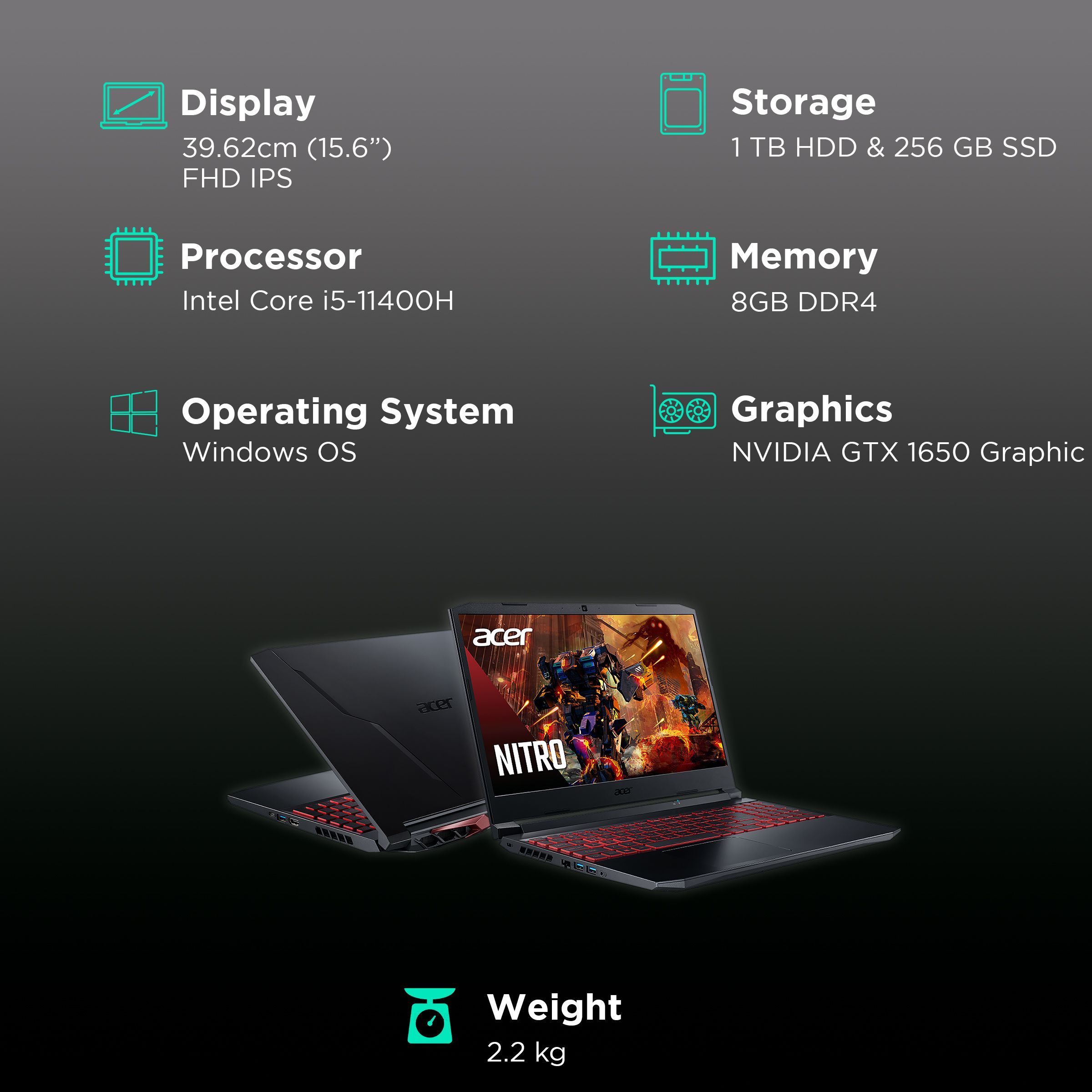 acer Nitro 5 Intel Core i5 11th Gen (15.6 inch, 8GB, 1TB and 256GB, Windows 11, NVIDIA GTX 1650, IPS Display, Black, UN.QEHSI.004)_3