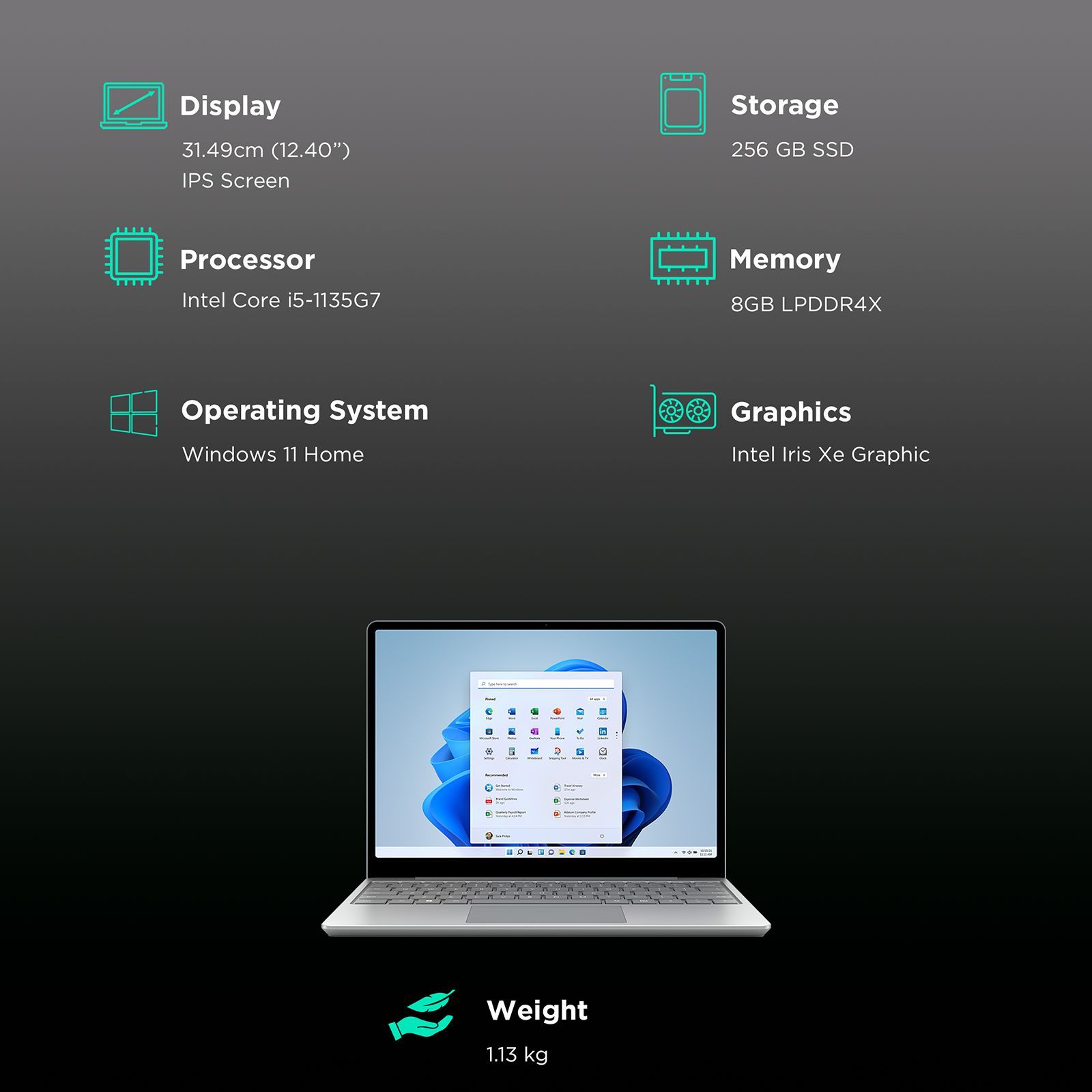 Microsoft  Surface Laptop GO 2 Intel Core i5 11th Gen (12.4 inch, 8GB, 256GB, Windows 11 Home, Intel Iris Xe, IPS Display, Platinum, 8QF-00046)_3