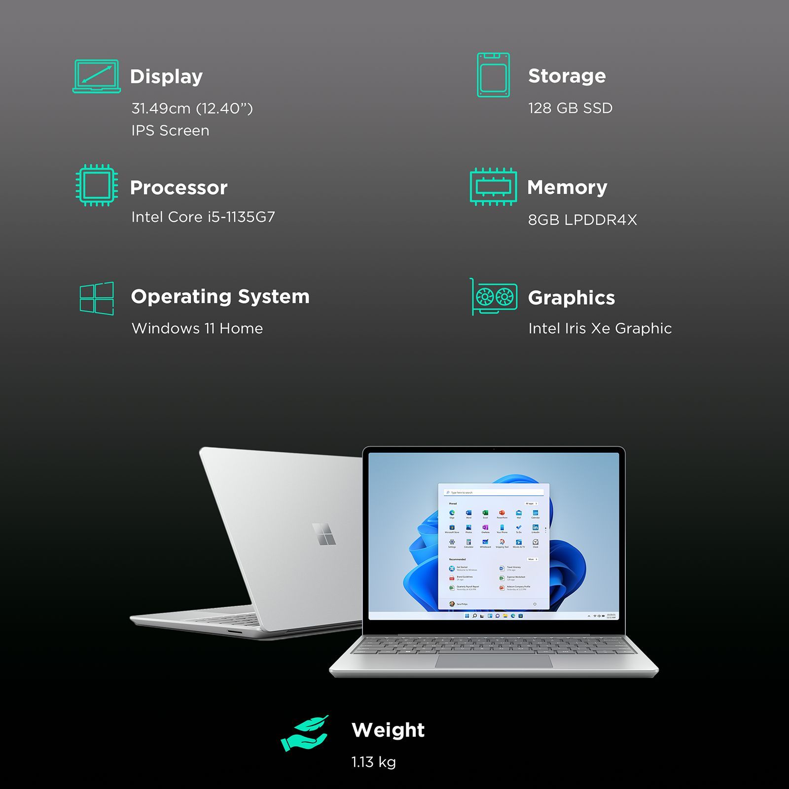 Microsoft Surface GO 2 Intel Core i5 11th Gen Touchscreen Thin & Light Laptop (8GB, 128GB SSD, Windows 11 Home, 12.4 inch PixelSense Display, Platinum, 1.12 KG)_3