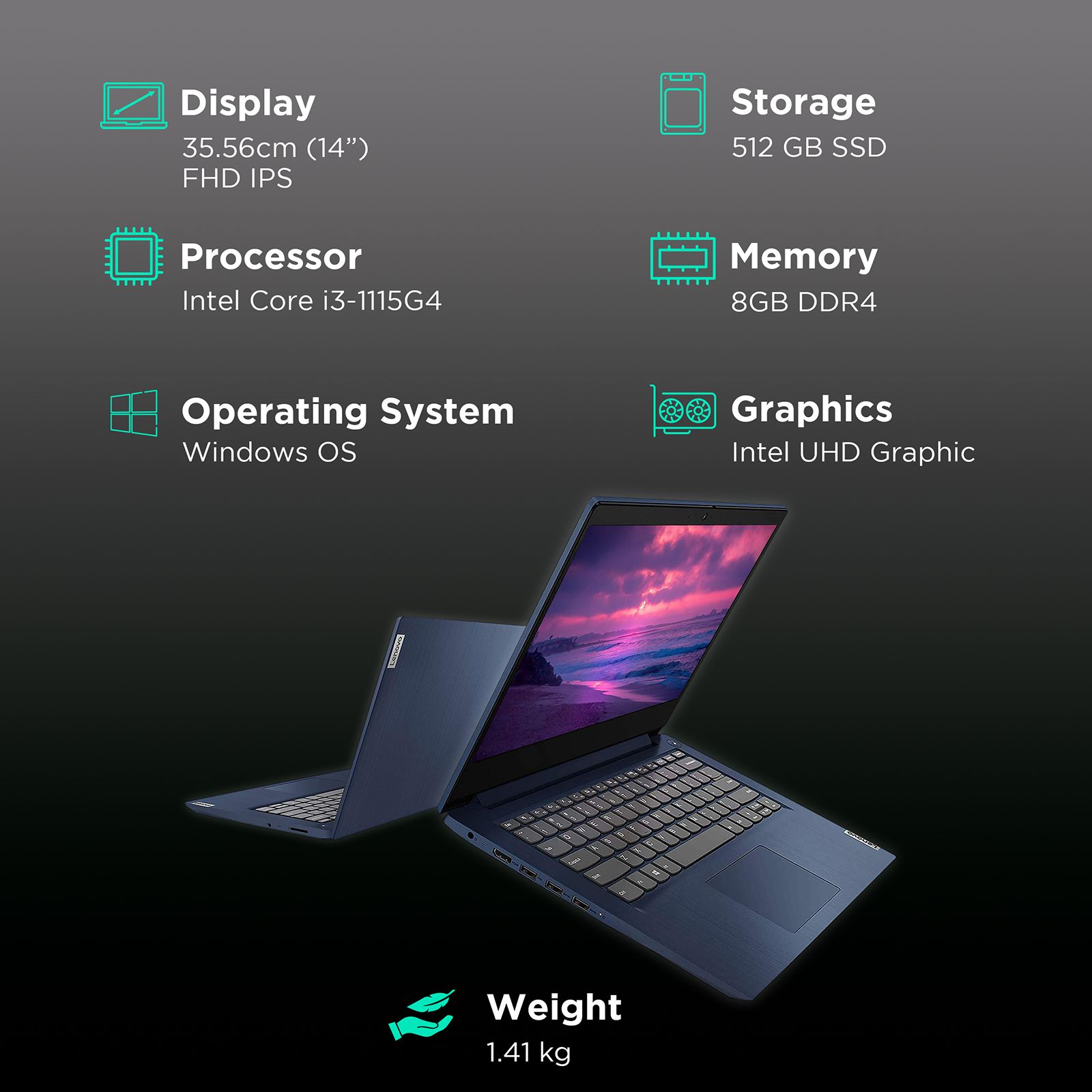 Lenovo IdeaPad 3 14ITL6 Intel Core i3 11th Gen (14 inch, 8GB, 512GB, Windows 11 Home, MS Office 2021, Intel UHD, FHD Display, Abyss Blue, 82H701DYIN)_3