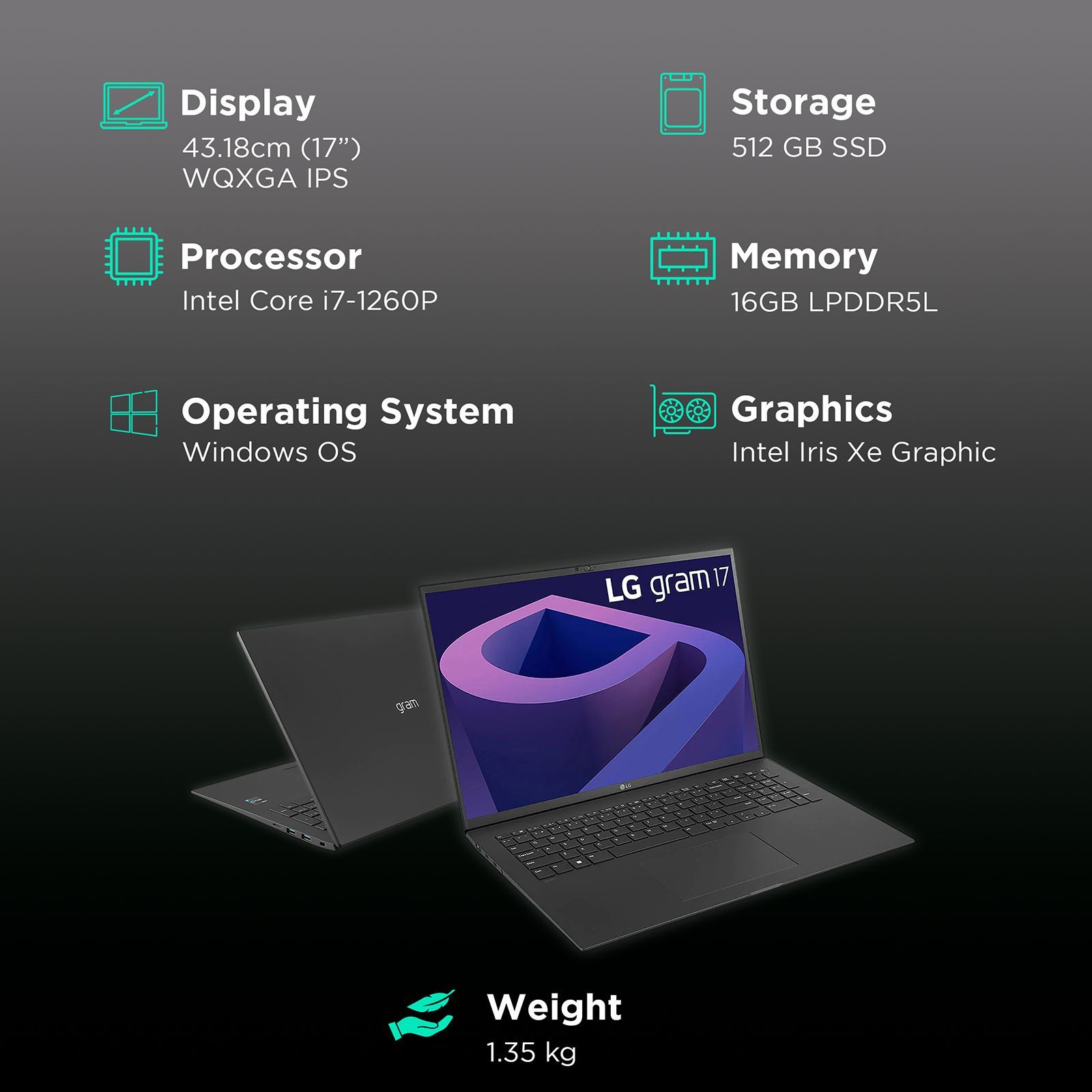 LG Gram 17 Intel Core i7 12th Gen (17 inch, 16GB, 512GB, Windows 11 Home, Intel Iris Xe, IPS Display, Charcoal Grey, 17Z90Q-G.AH76A2)_3