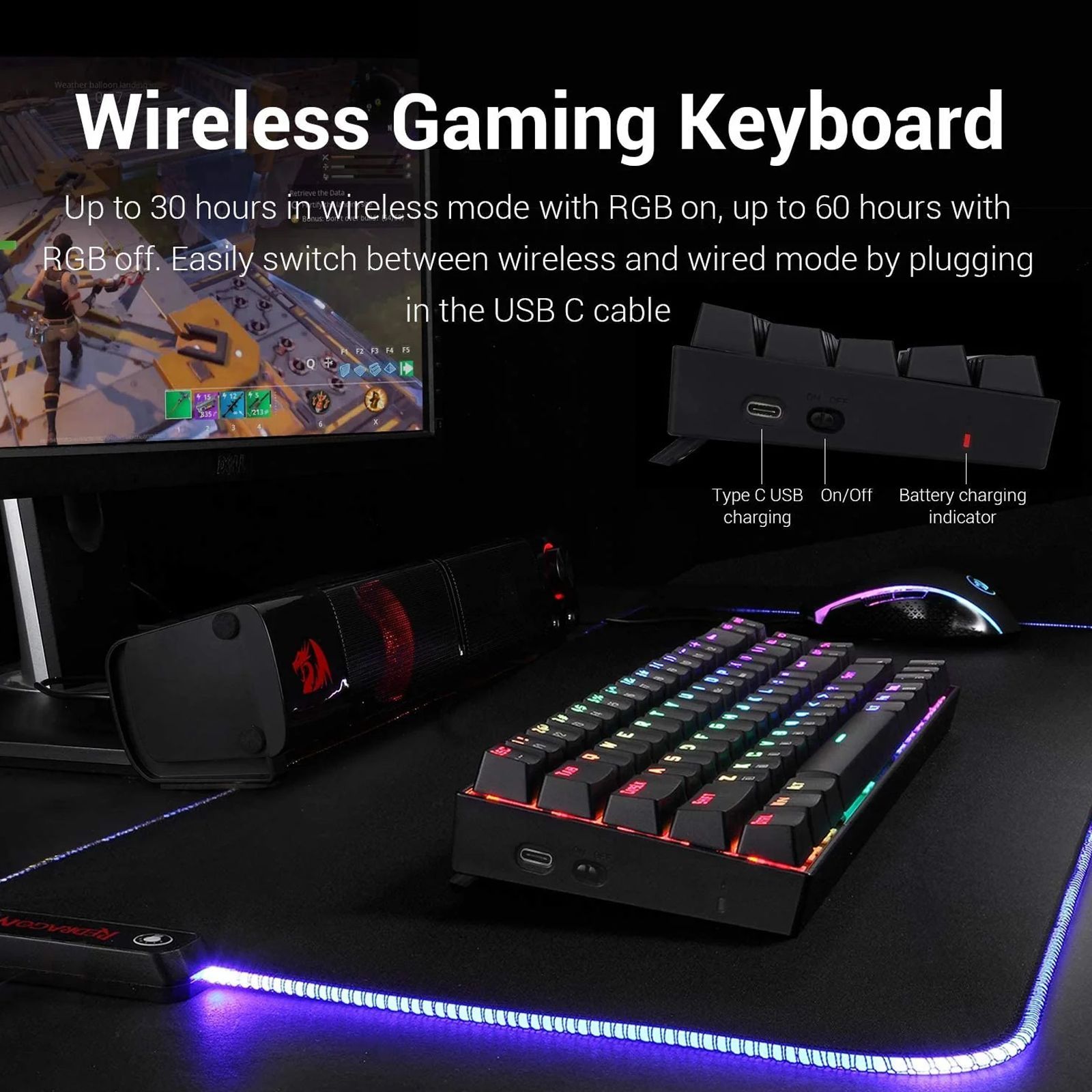 REDRAGON Diemos K599 Wireless Gaming Keyboard (RGB LED Backlight Red Switch, Black)_4