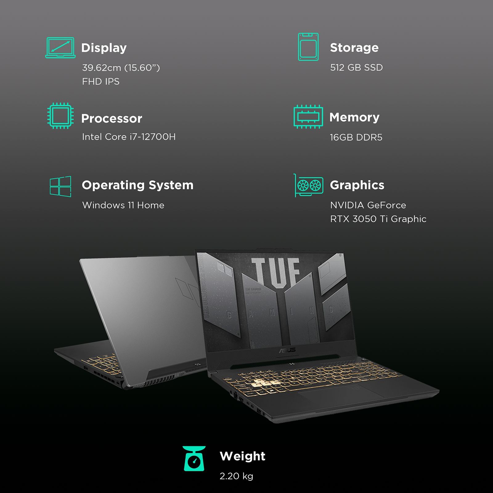 ASUS TUF Gaming F15 FX577ZE-HN056W Intel Core i7 12th Gen (15.6 inch, 16GB, 512GB, Windows 11 Home, NVIDIA GeForce RTX 3050 Ti, FHD IPS Display, Jaeger Graysri, 90NR09M2-M003E0)_3